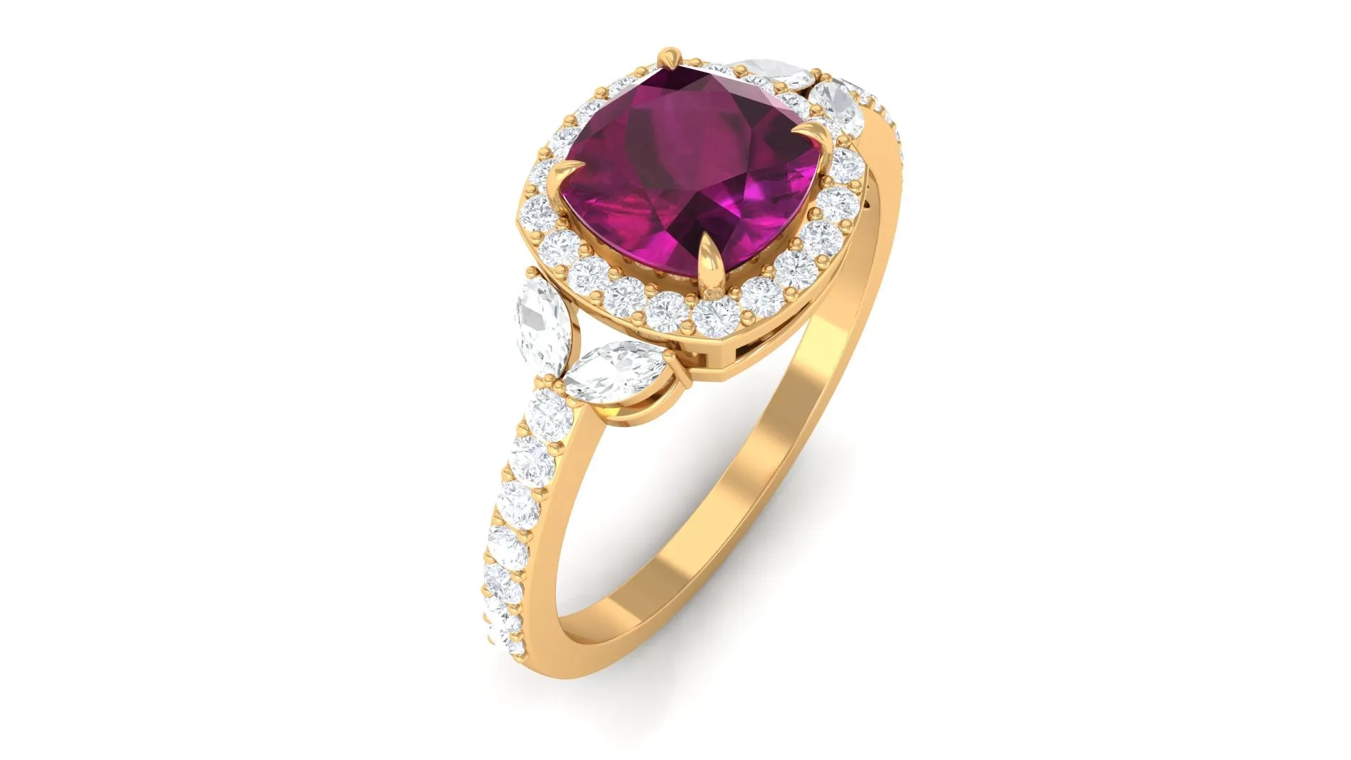 2 CT Cushion Cut Rhodolite Halo Engagement Ring with Diamond