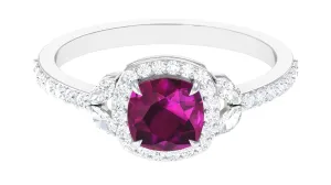2 CT Cushion Cut Rhodolite Halo Engagement Ring with Diamond