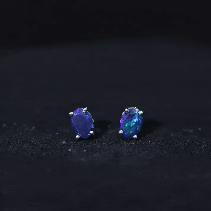 2 CT Oval Black Opal Solitaire Stud Earrings with Moissanite