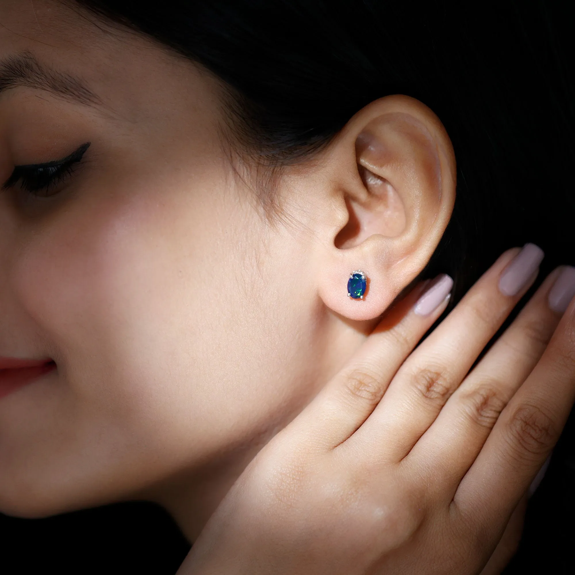 2 CT Oval Black Opal Solitaire Stud Earrings with Moissanite