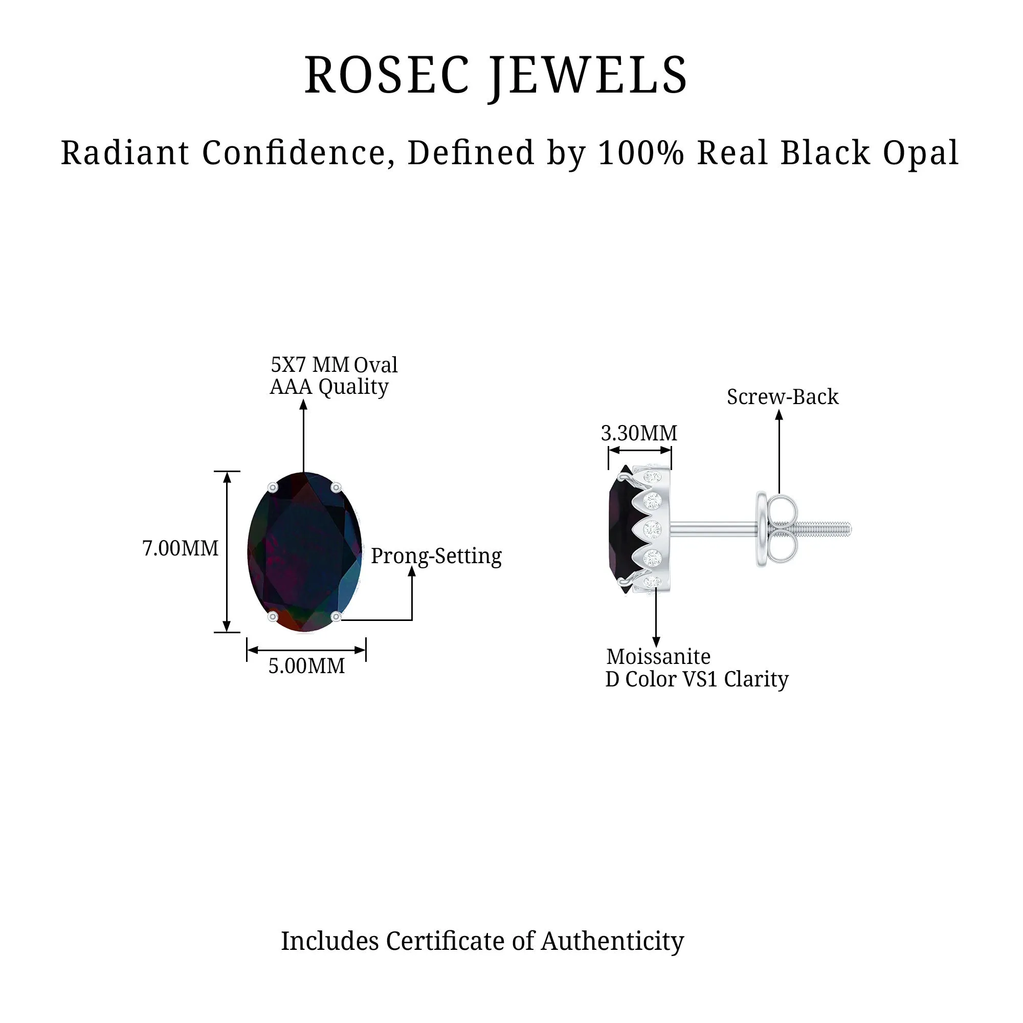 2 CT Oval Black Opal Solitaire Stud Earrings with Moissanite