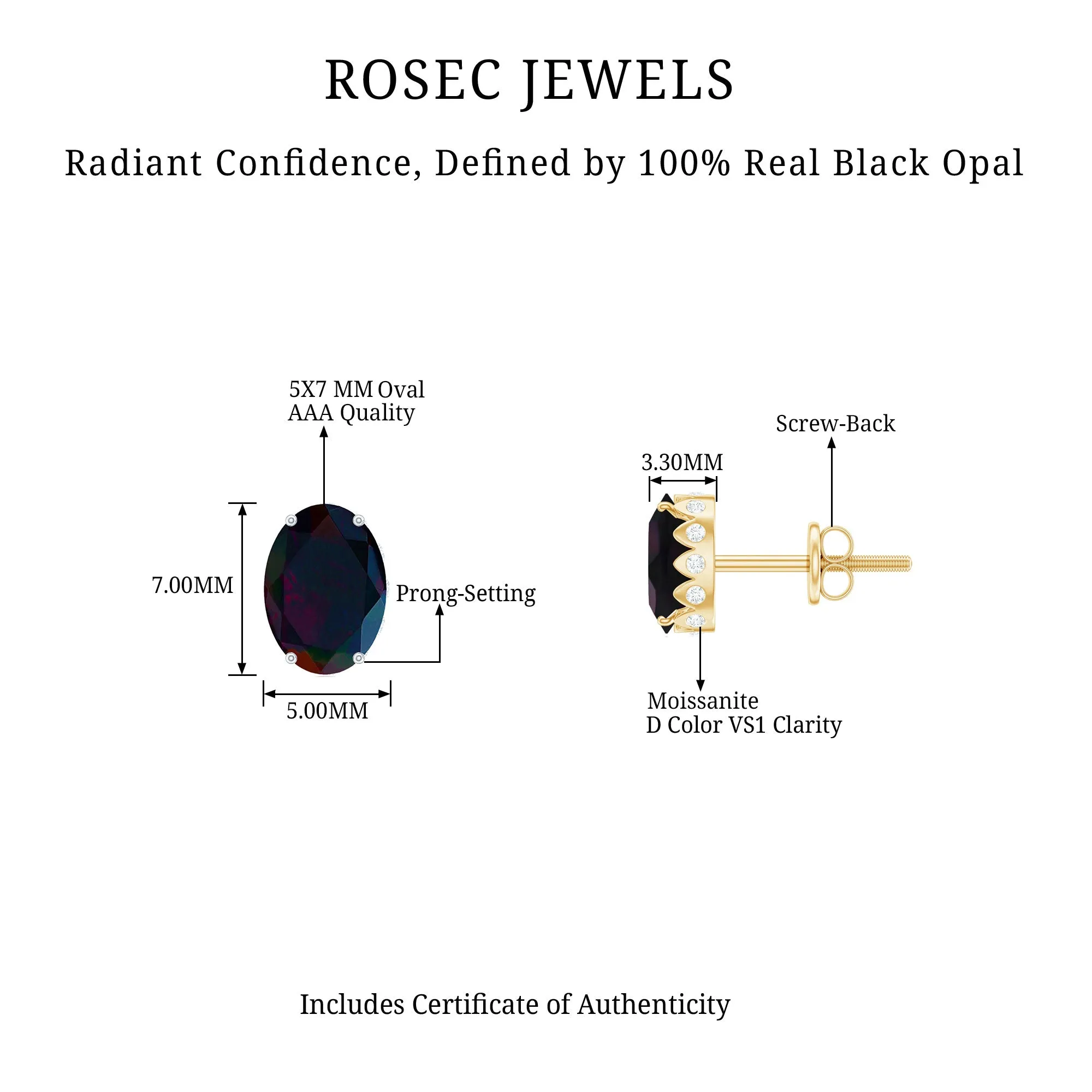 2 CT Oval Black Opal Solitaire Stud Earrings with Moissanite