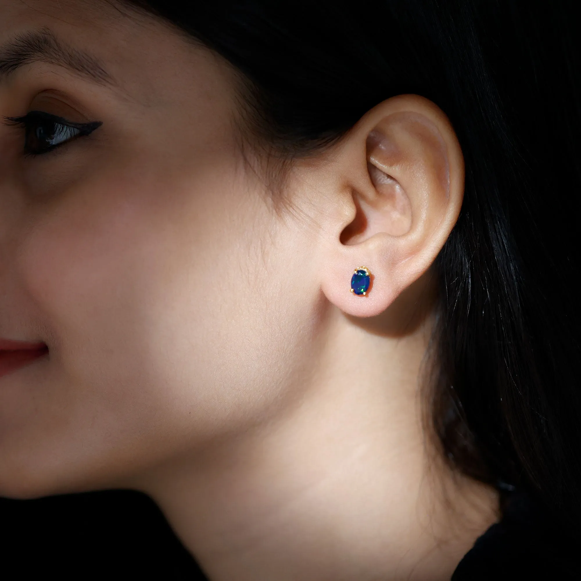 2 CT Oval Black Opal Solitaire Stud Earrings with Moissanite