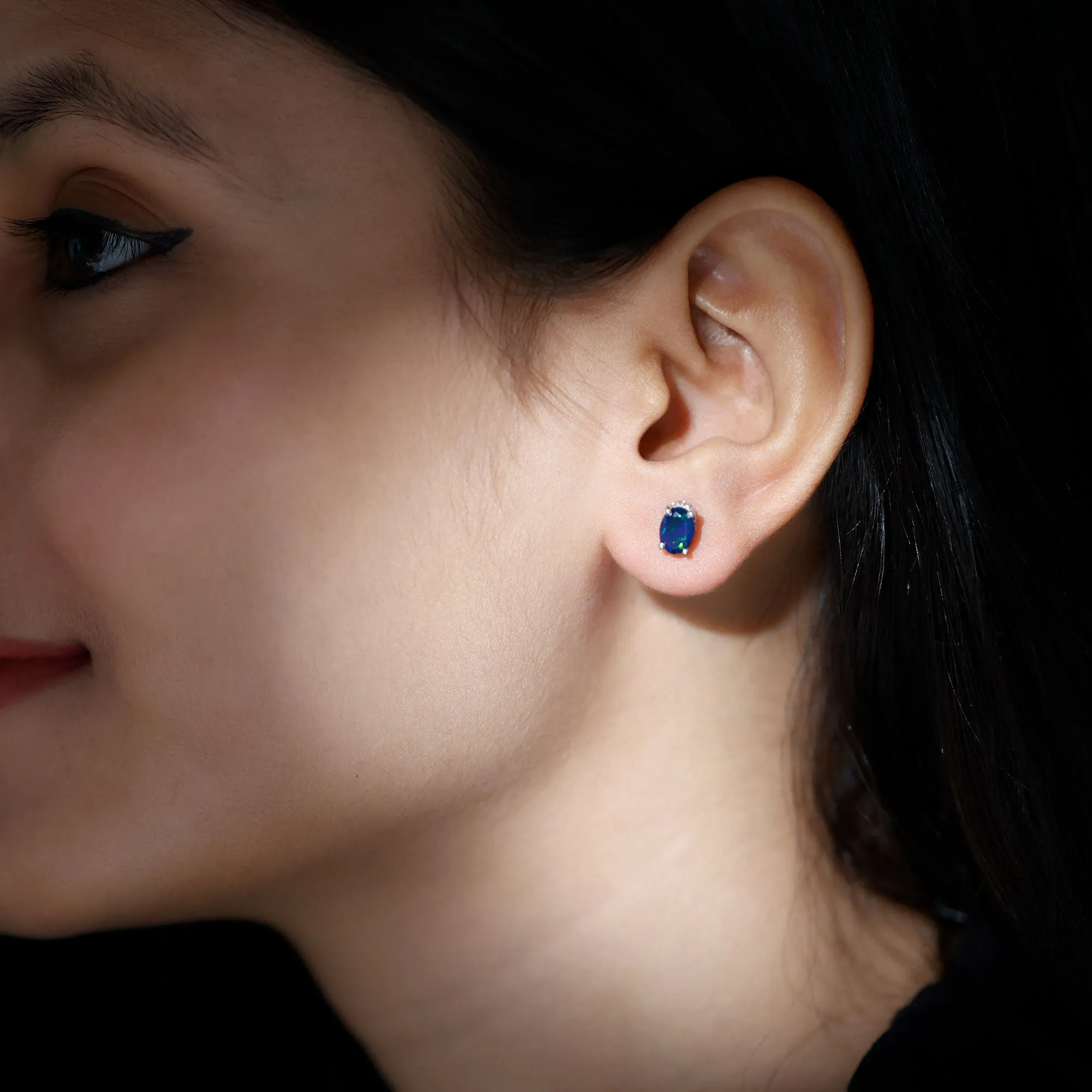 2 CT Oval Black Opal Solitaire Stud Earrings with Moissanite