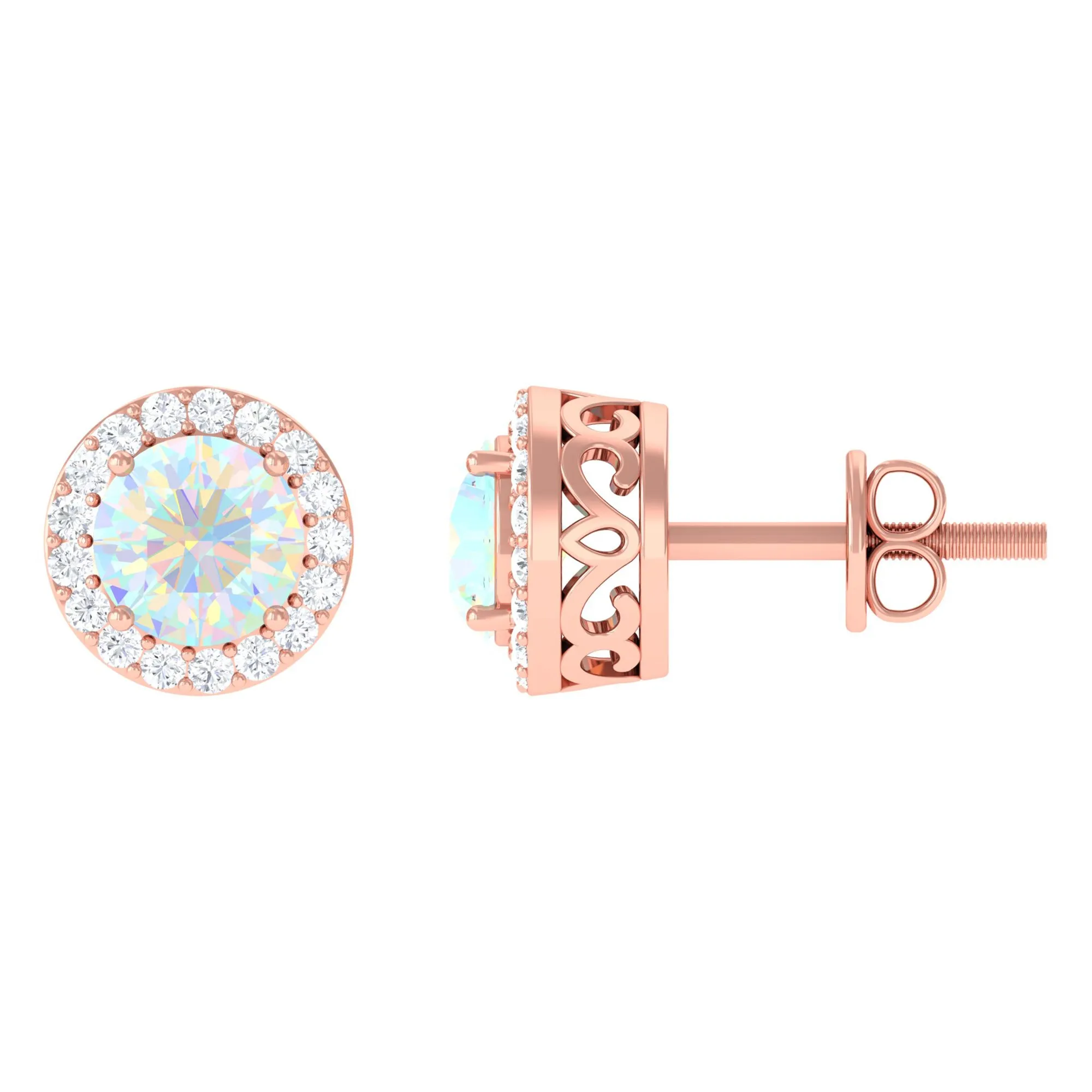 2 CT Round Ethiopian Opal Minimal Stud Earrings with Diamond Halo in Prong Setting