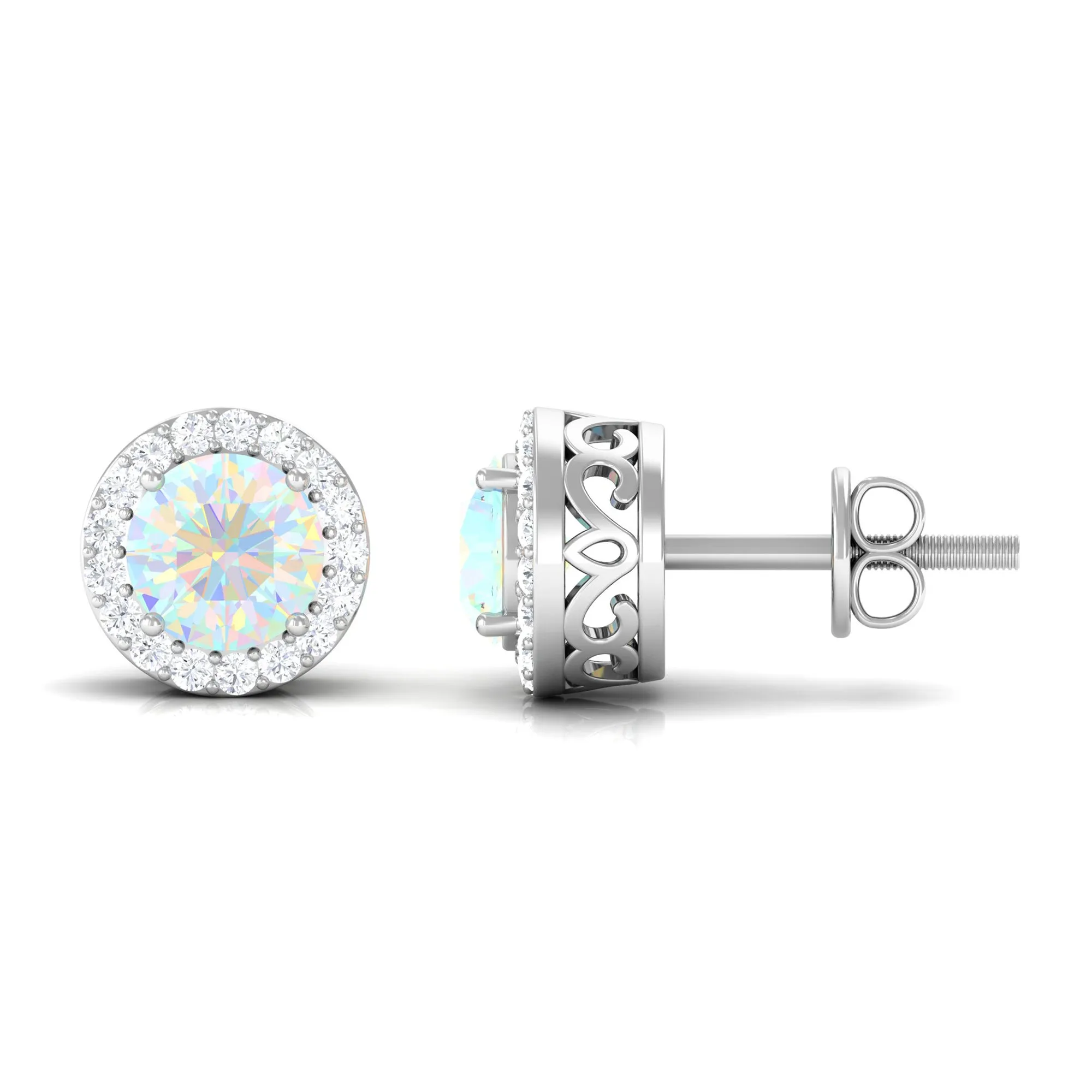 2 CT Round Ethiopian Opal Minimal Stud Earrings with Diamond Halo in Prong Setting