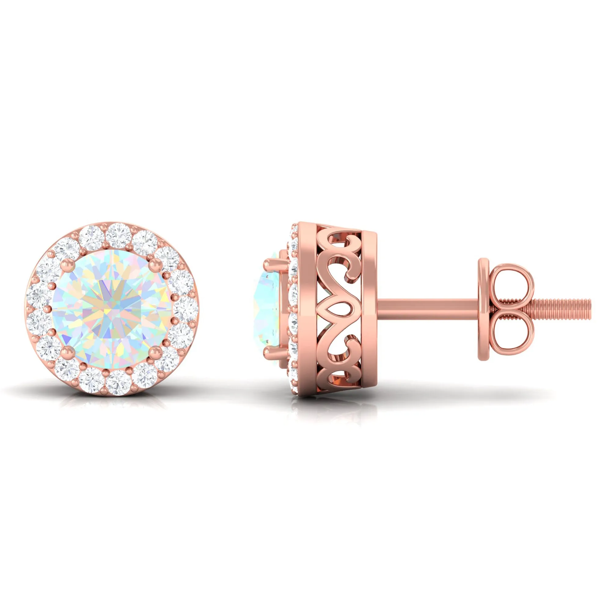 2 CT Round Ethiopian Opal Minimal Stud Earrings with Diamond Halo in Prong Setting