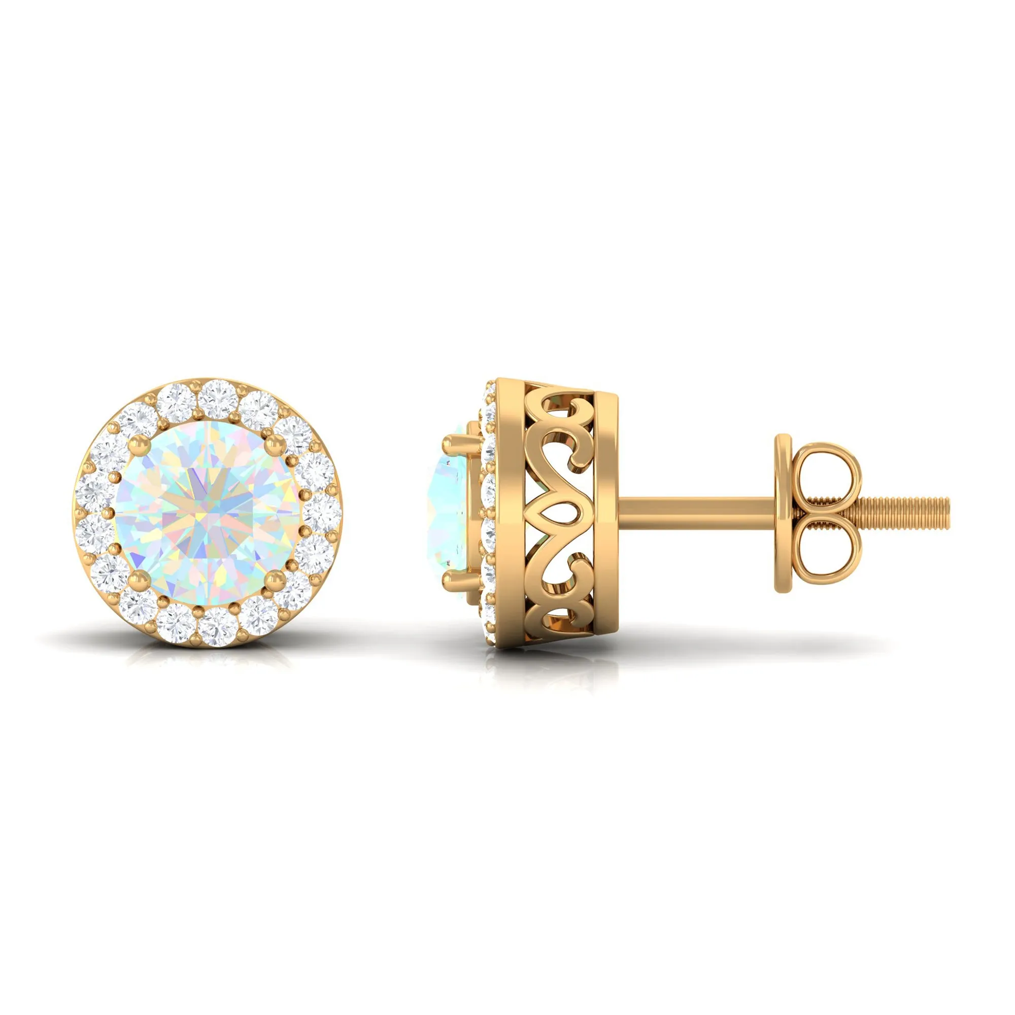 2 CT Round Ethiopian Opal Minimal Stud Earrings with Diamond Halo in Prong Setting