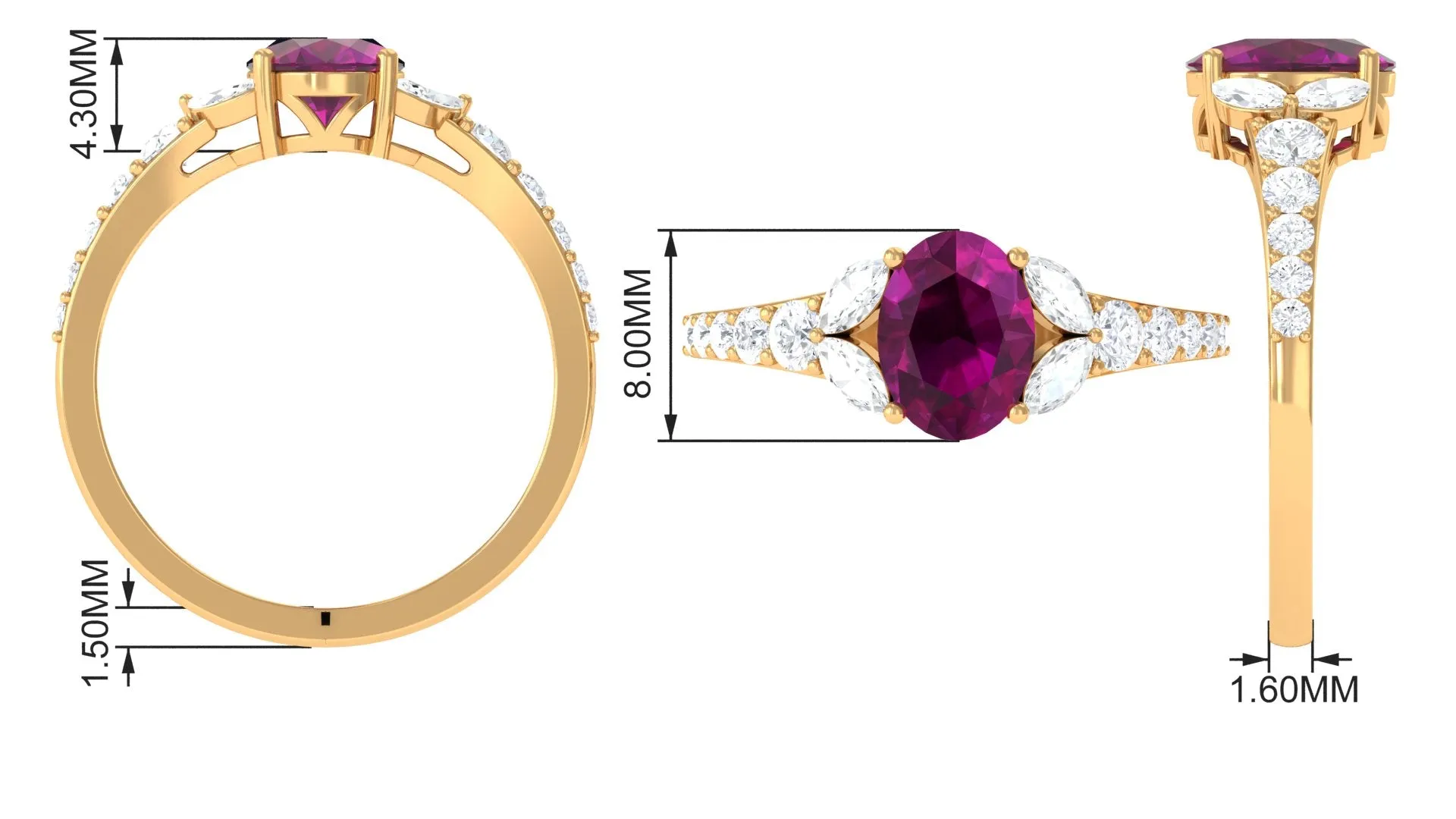 2.25 CT Oval Cut Rhodolite Solitaire Ring with Moissanite Accent