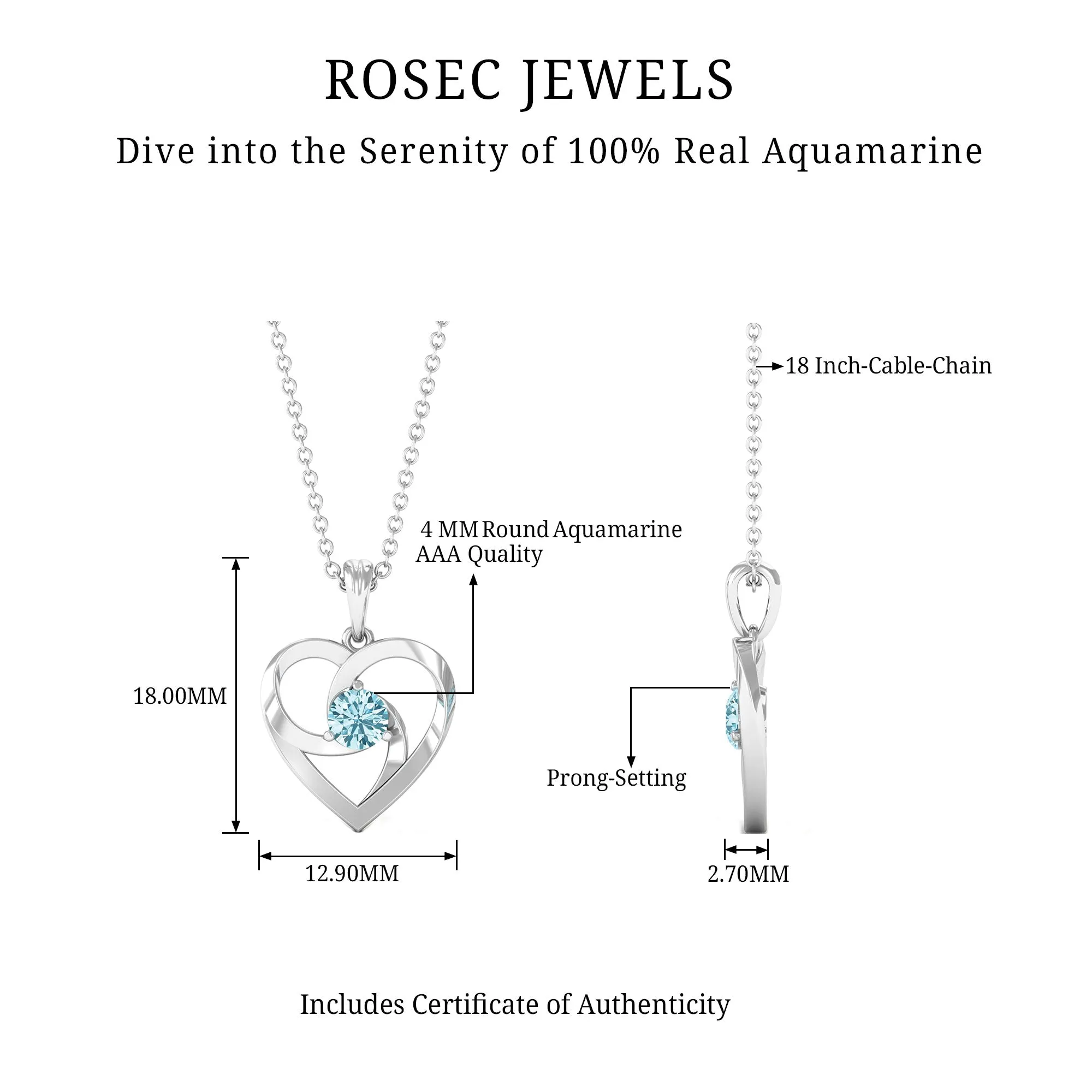 4 MM March Birthstone Aquamarine Solitaire Heart Knot Necklace