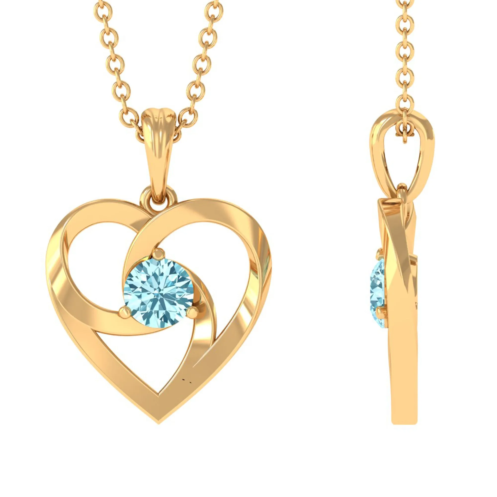 4 MM March Birthstone Aquamarine Solitaire Heart Knot Necklace