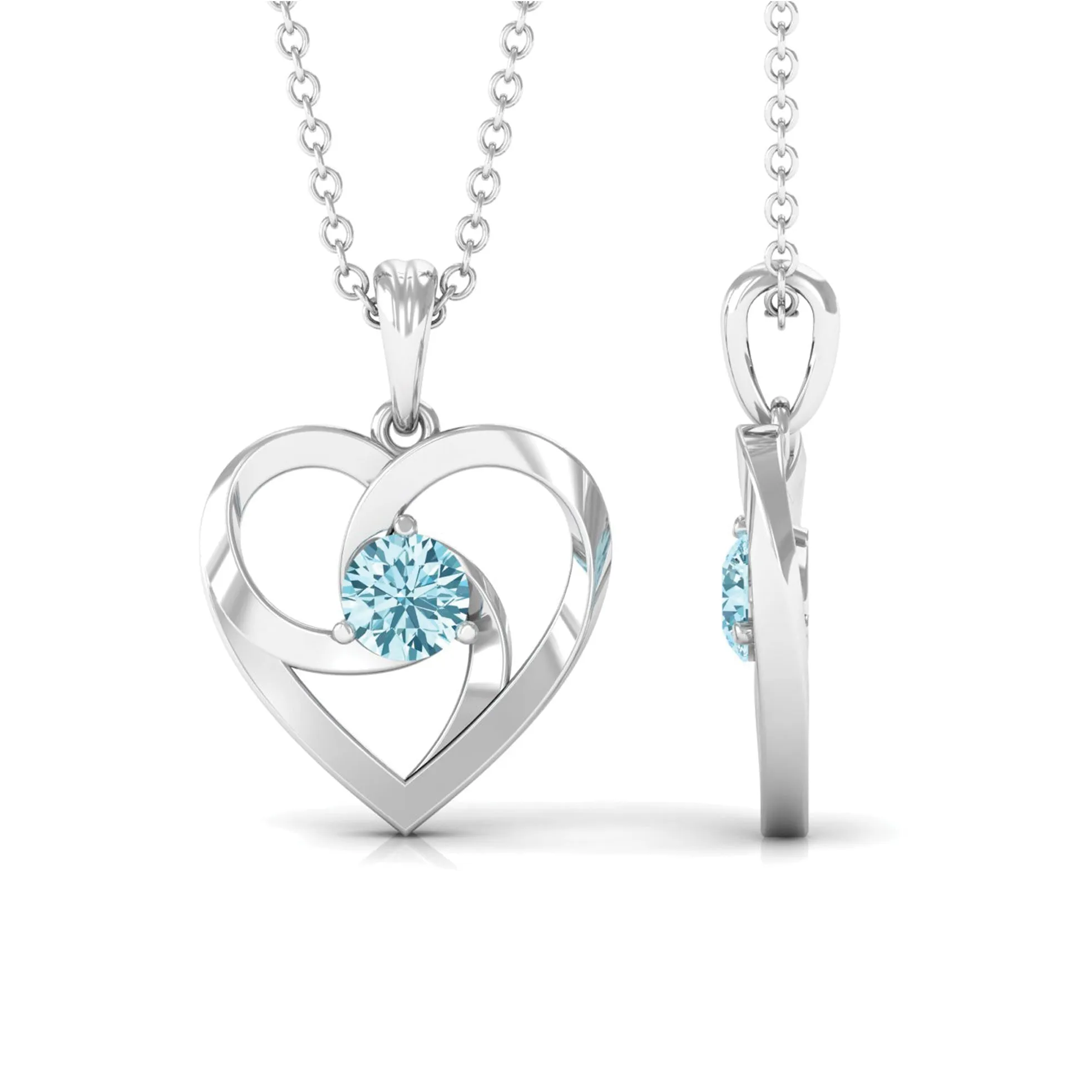 4 MM March Birthstone Aquamarine Solitaire Heart Knot Necklace