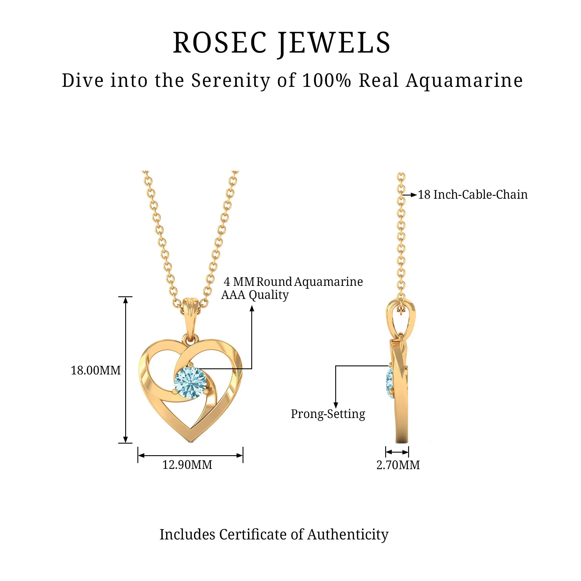 4 MM March Birthstone Aquamarine Solitaire Heart Knot Necklace