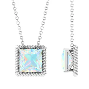 7 MM Princess Cut Ethiopian Opal Solitaire Pendant with Rope Frame Details