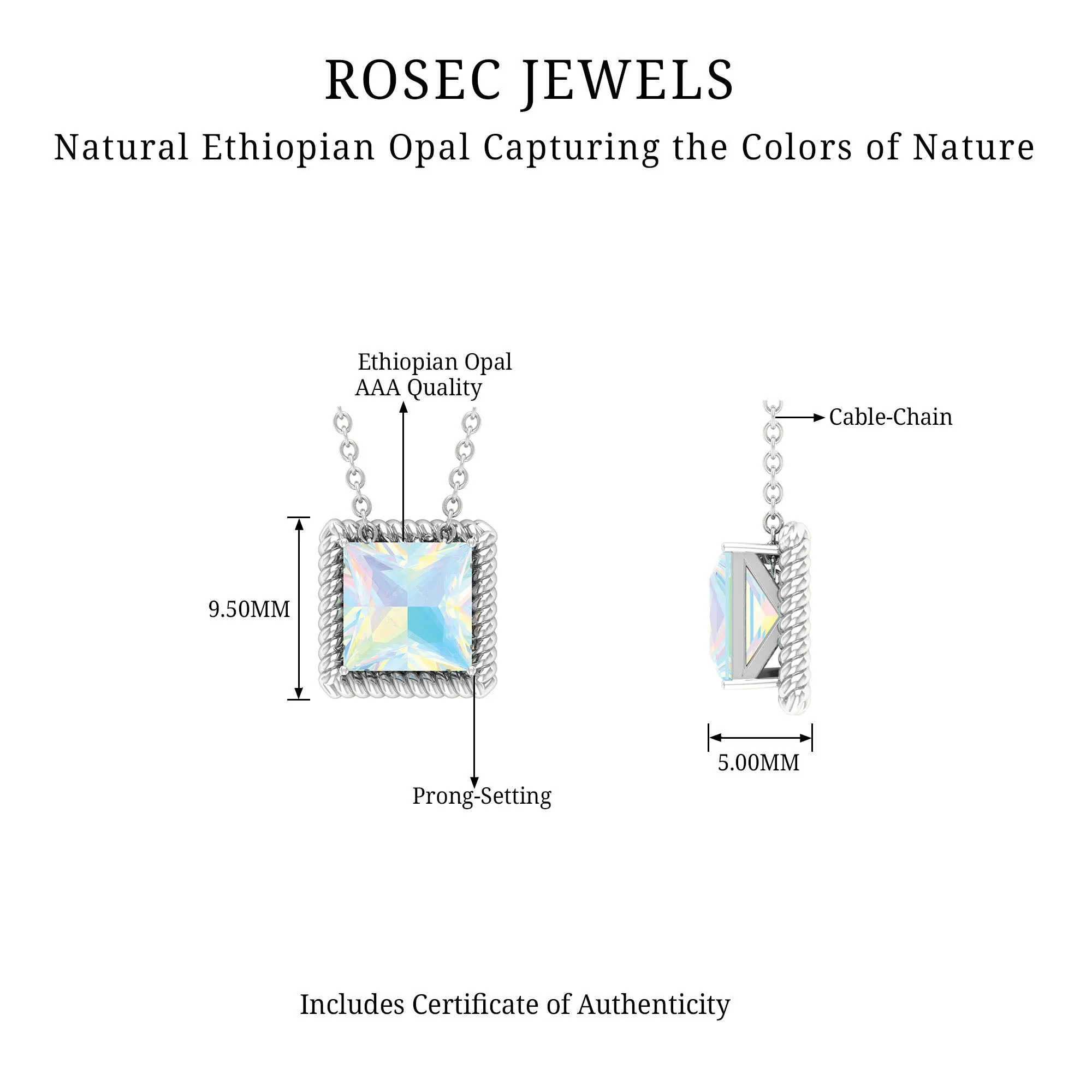 7 MM Princess Cut Ethiopian Opal Solitaire Pendant with Rope Frame Details