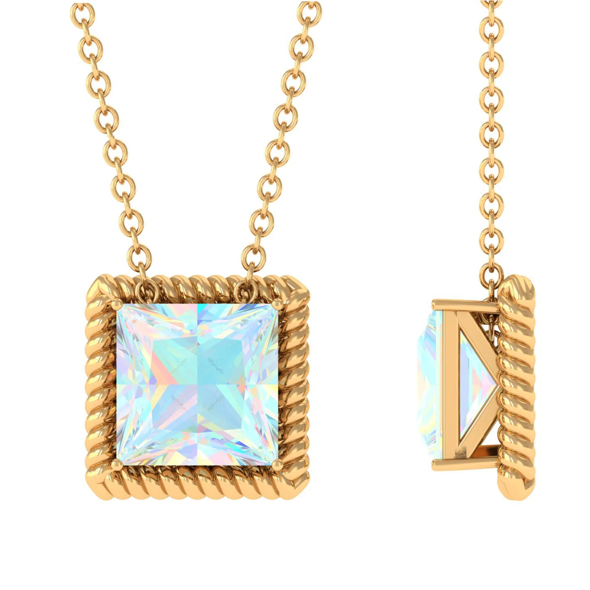 7 MM Princess Cut Ethiopian Opal Solitaire Pendant with Rope Frame Details