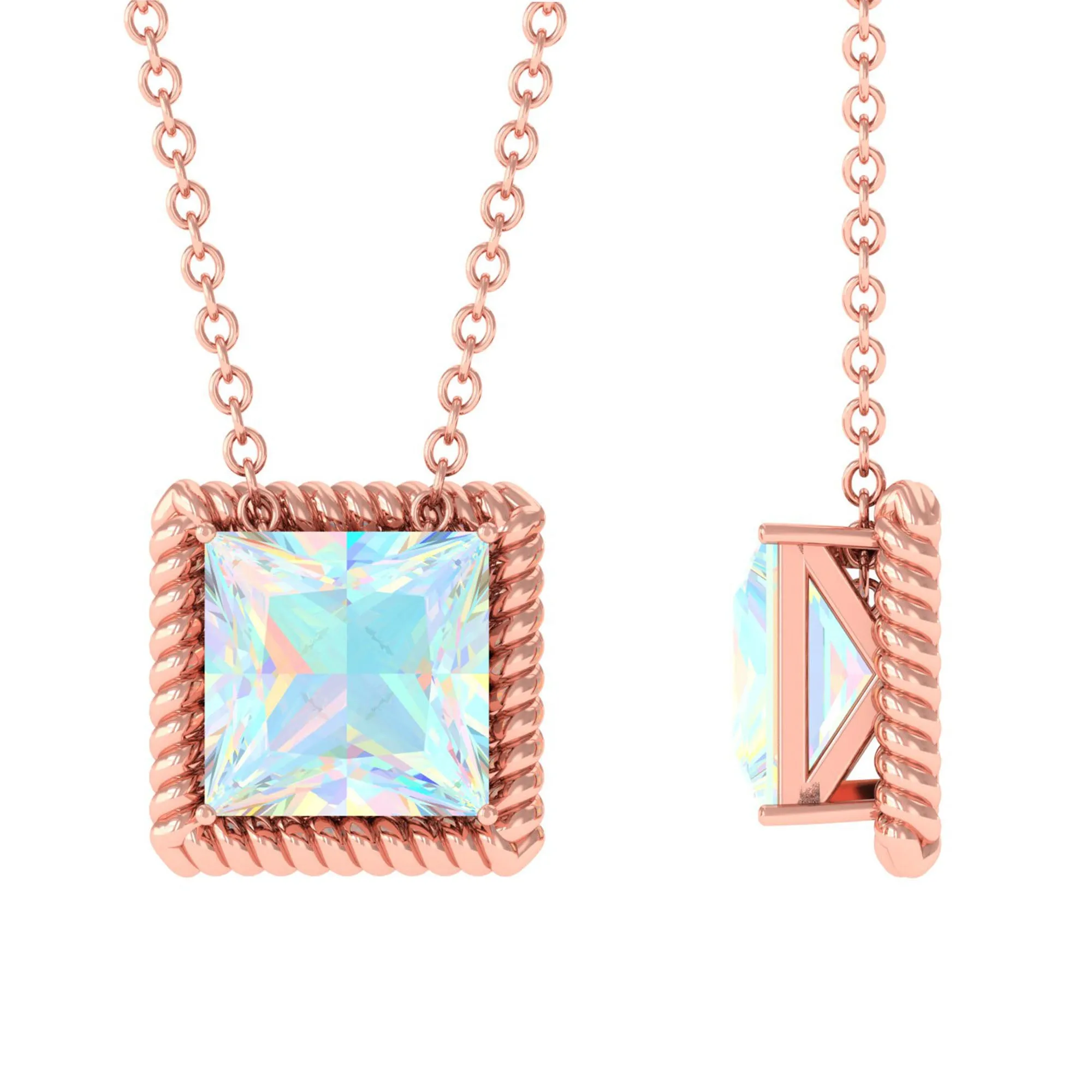 7 MM Princess Cut Ethiopian Opal Solitaire Pendant with Rope Frame Details