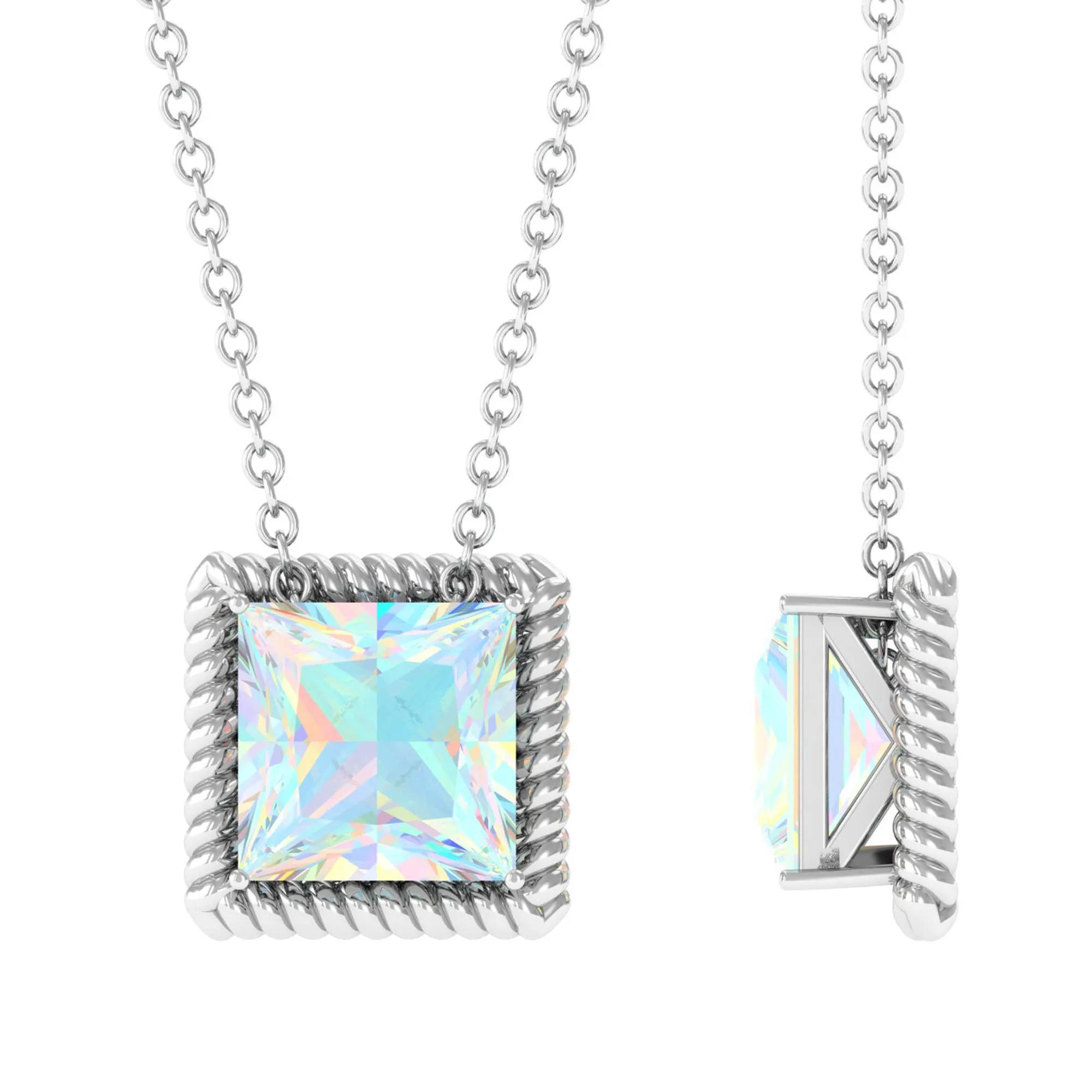 7 MM Princess Cut Ethiopian Opal Solitaire Pendant with Rope Frame Details