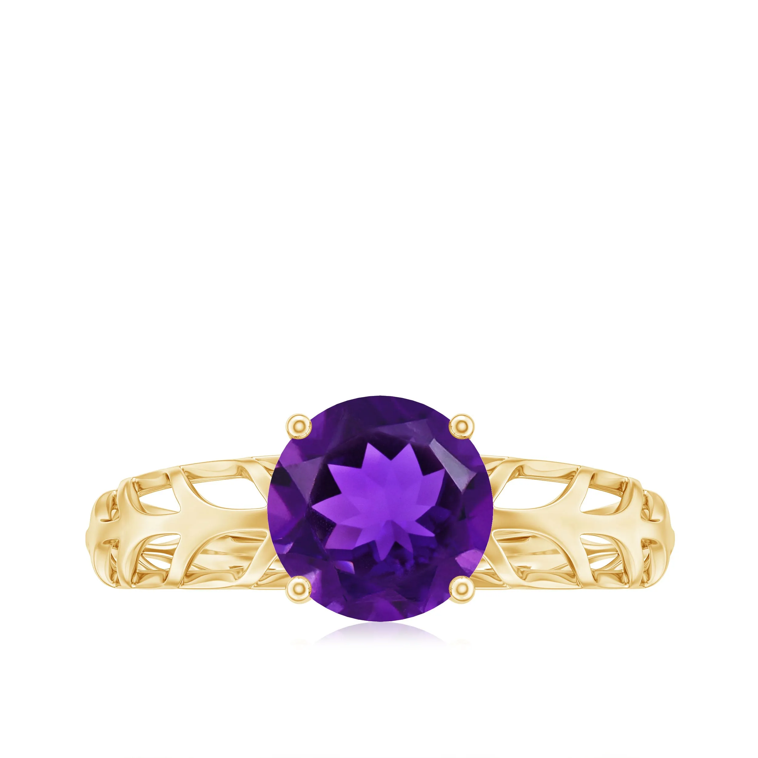 7 MM Round Amethyst Solitaire Engagement Ring with Gold Filigree Details