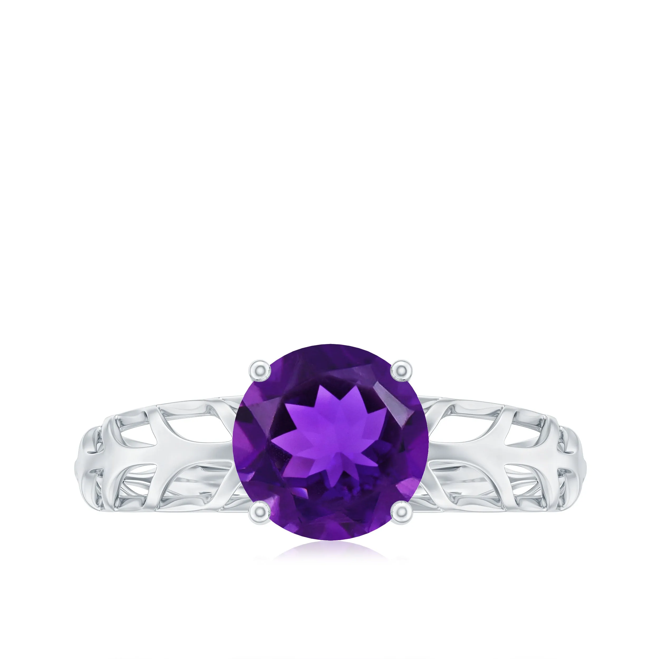 7 MM Round Amethyst Solitaire Engagement Ring with Gold Filigree Details