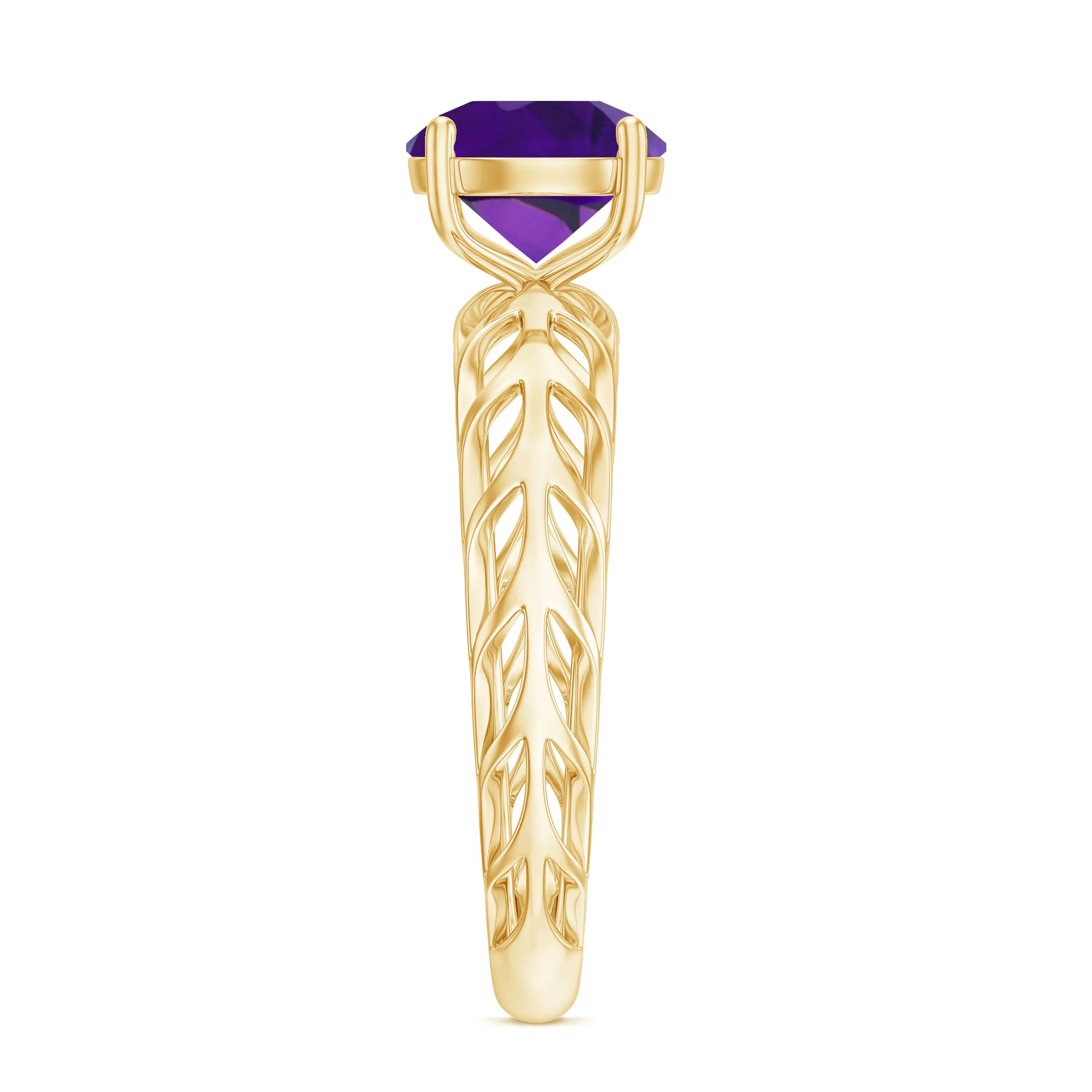 7 MM Round Amethyst Solitaire Engagement Ring with Gold Filigree Details