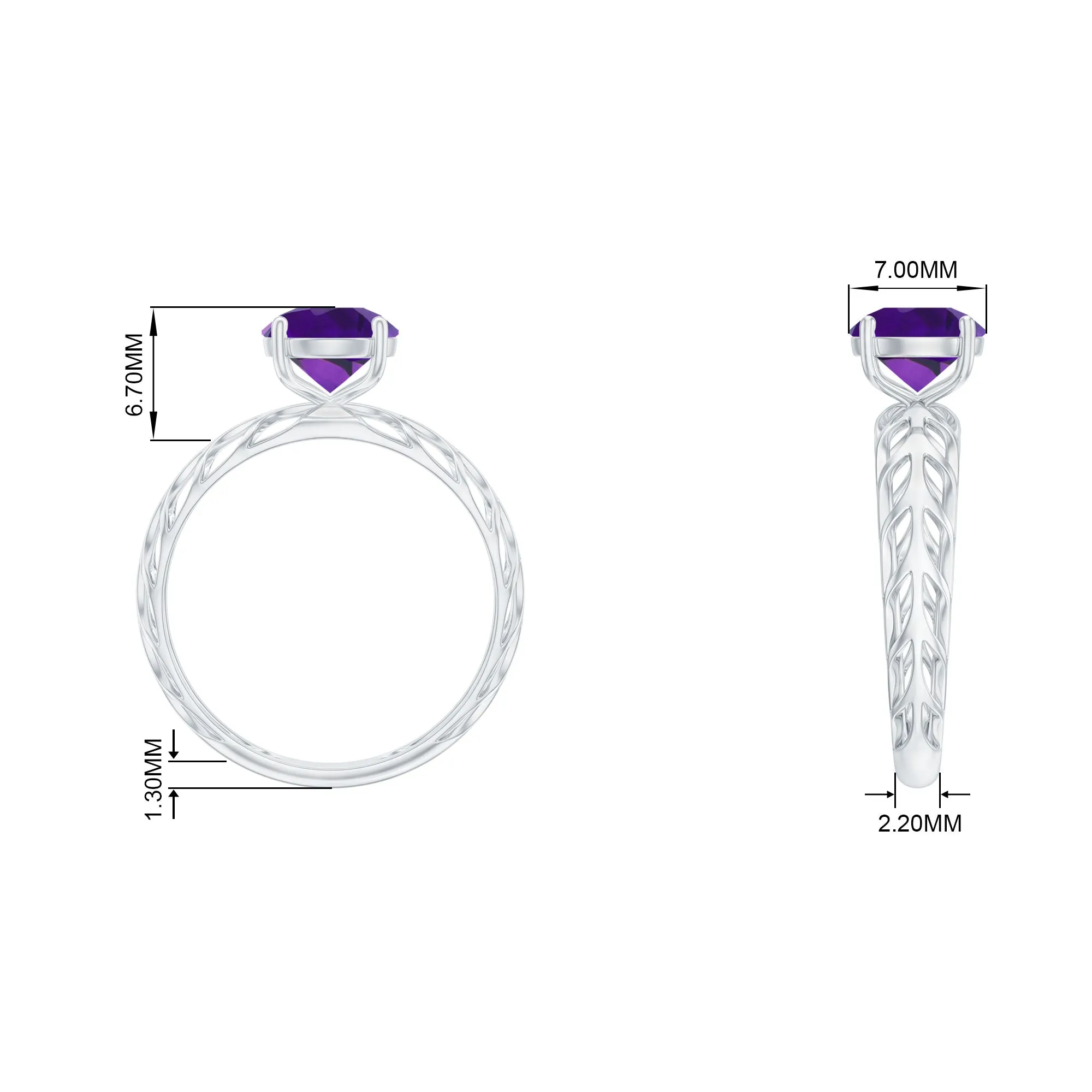 7 MM Round Amethyst Solitaire Engagement Ring with Gold Filigree Details