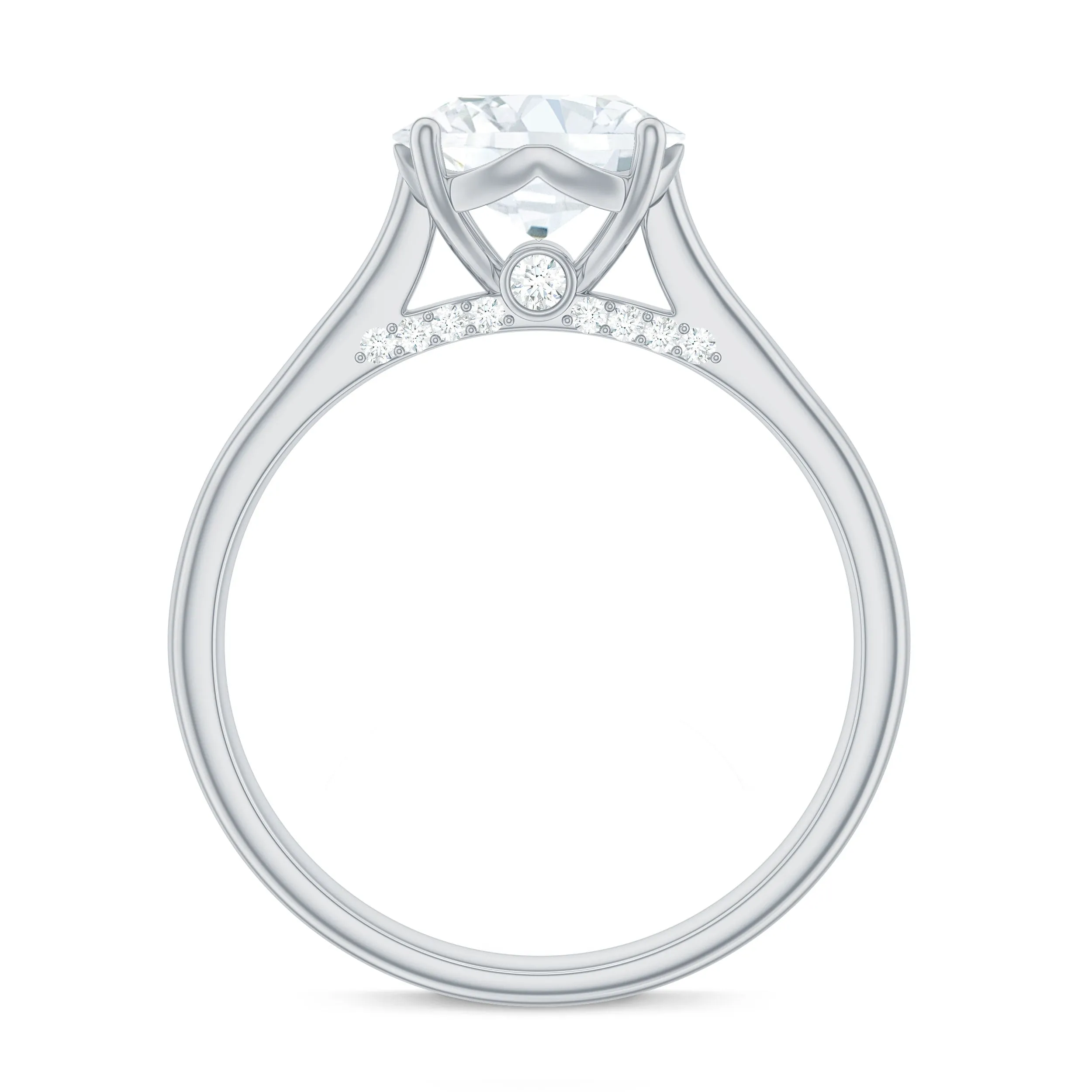 8 MM Round Cut Solitaire and Hidden Moissanite Ring with Accented Bridge