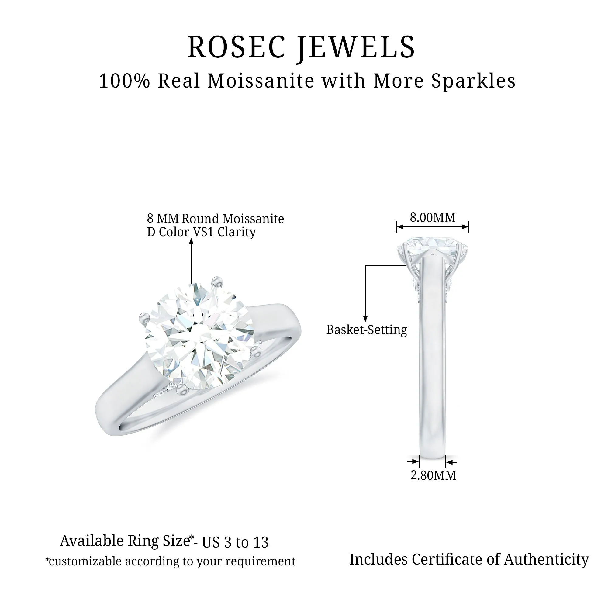 8 MM Round Cut Solitaire and Hidden Moissanite Ring with Accented Bridge