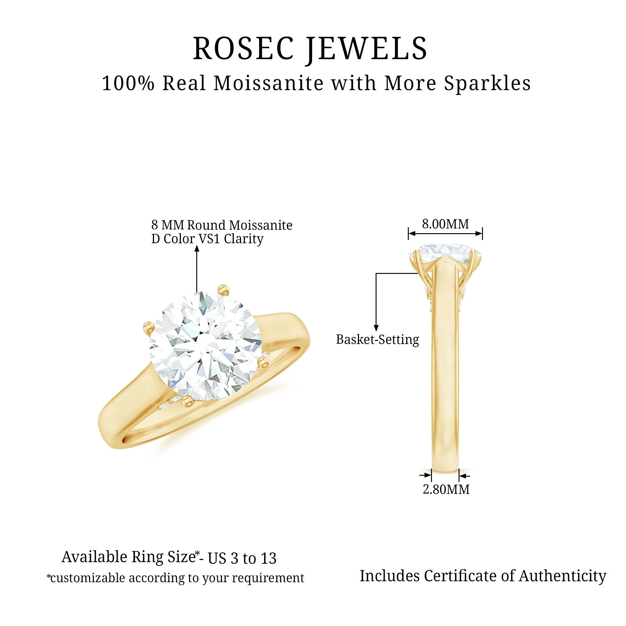 8 MM Round Cut Solitaire and Hidden Moissanite Ring with Accented Bridge
