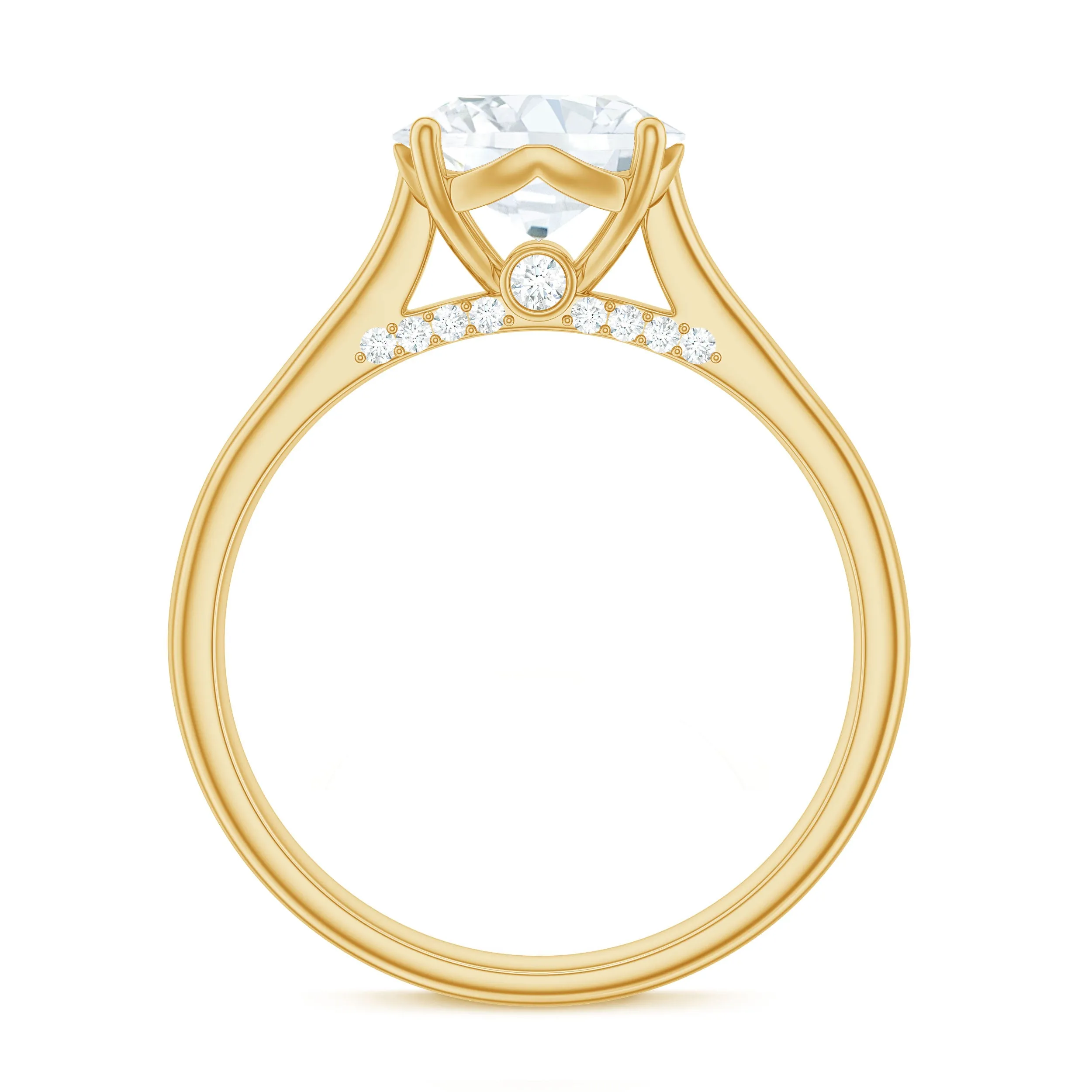 8 MM Round Cut Solitaire and Hidden Moissanite Ring with Accented Bridge