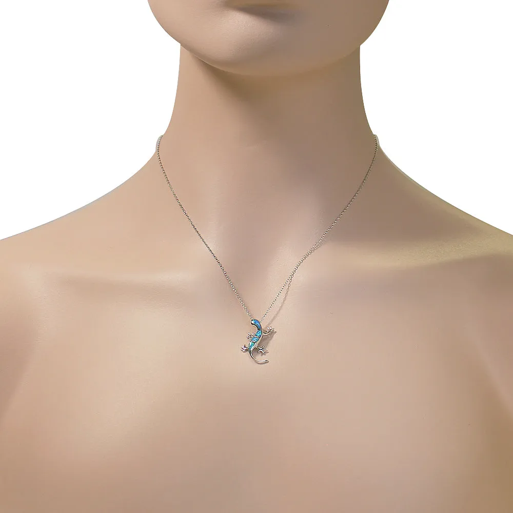 925 Sterling Silver Womens Blue Turquoise-Tone Lizard Iguana Simulated Opal Pendant Necklace