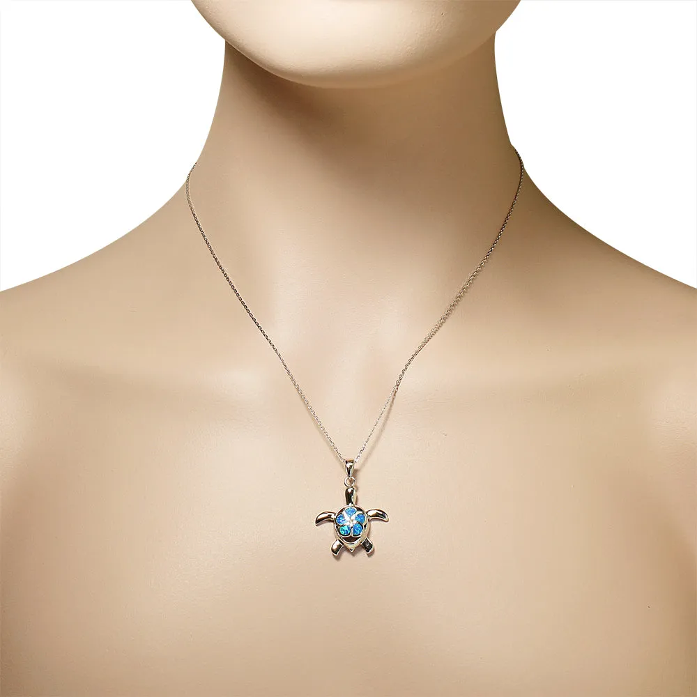 925 Sterling Silver Womens Blue Turquoise-Tone Turtle Marine Simulated Opal Pendant Necklace