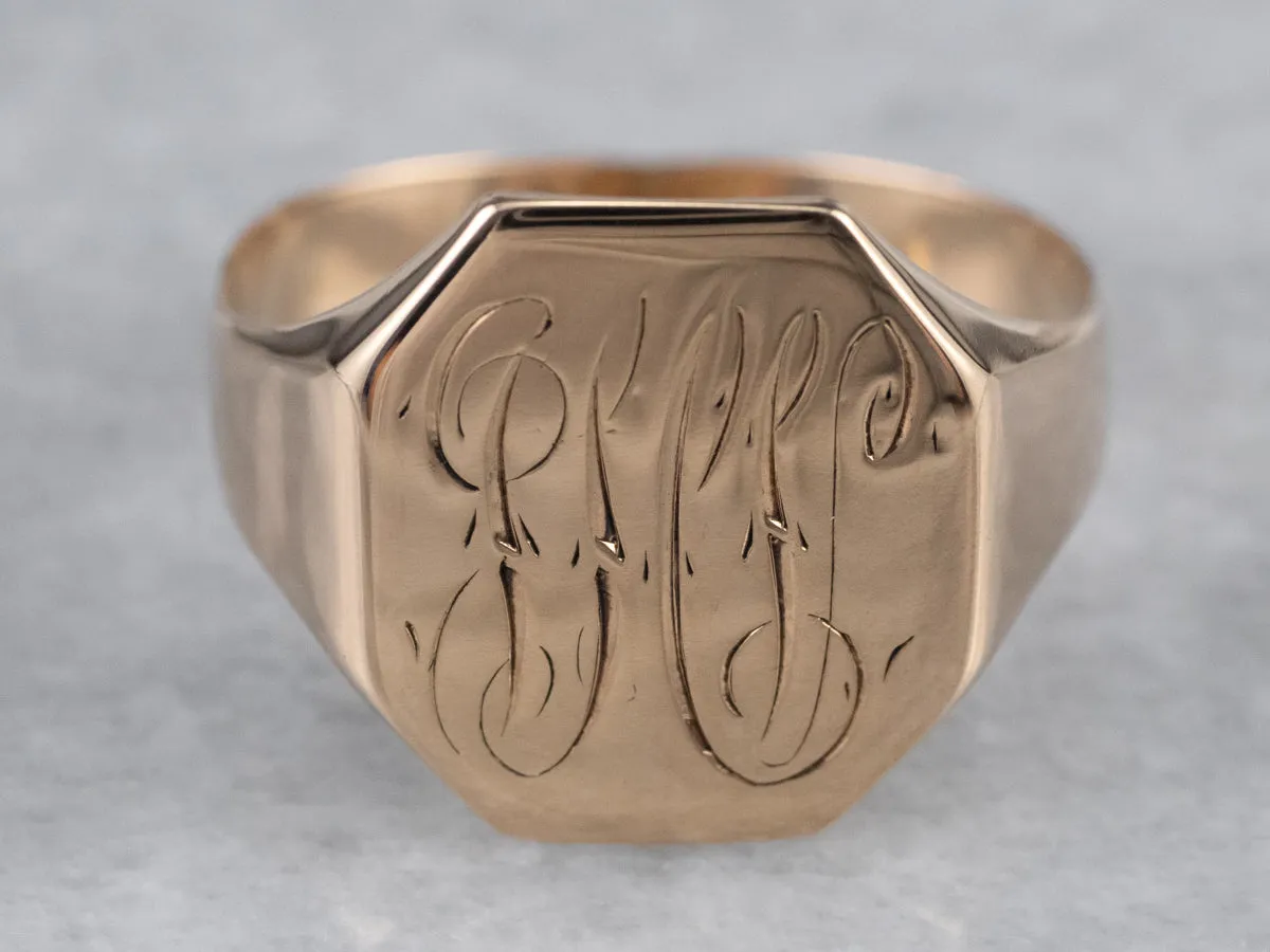 Antique Monogram Octagonal Gold Signet Ring