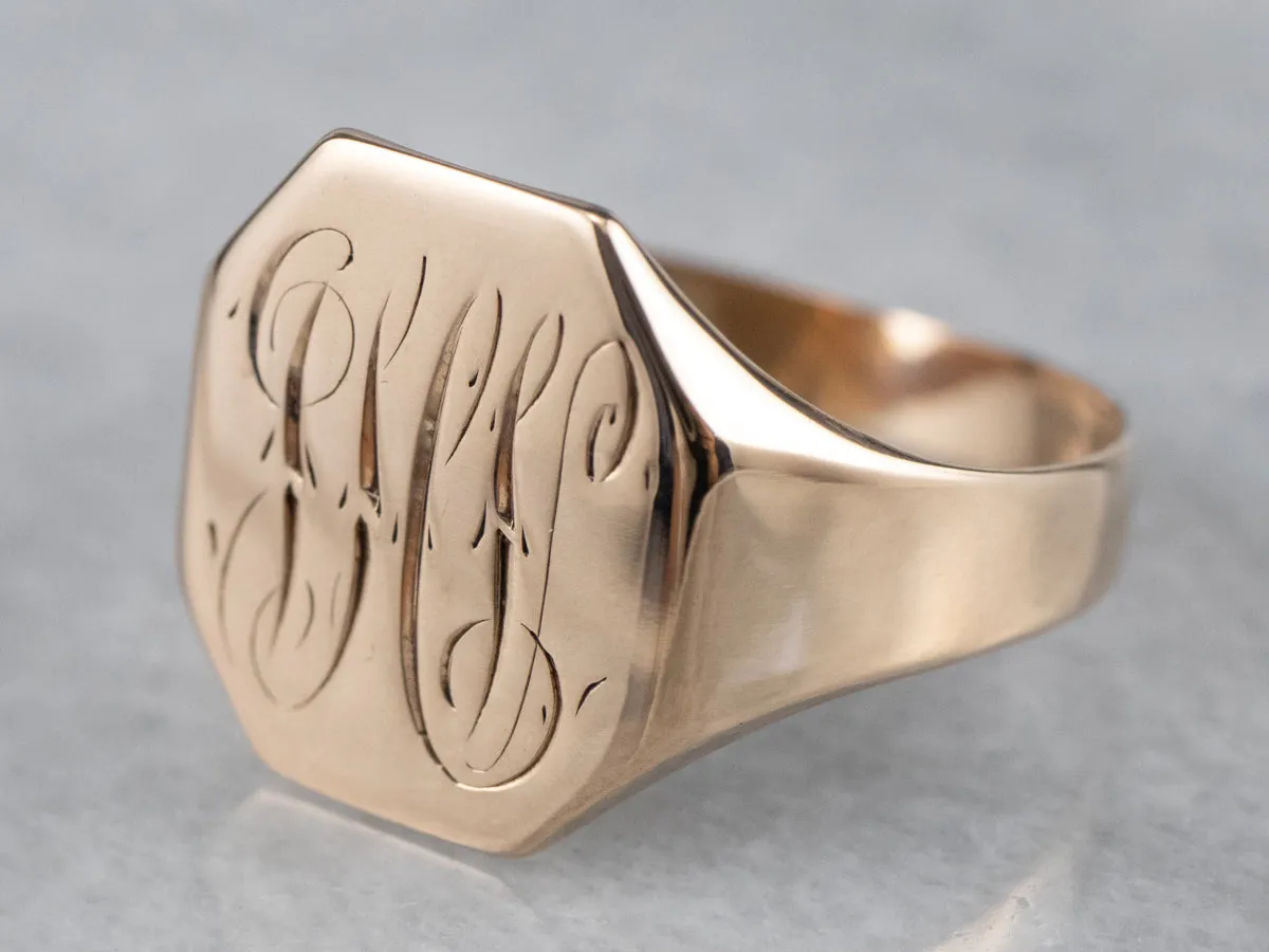 Antique Monogram Octagonal Gold Signet Ring