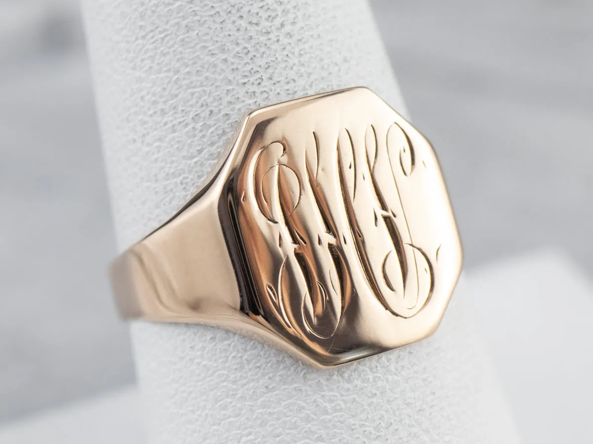 Antique Monogram Octagonal Gold Signet Ring