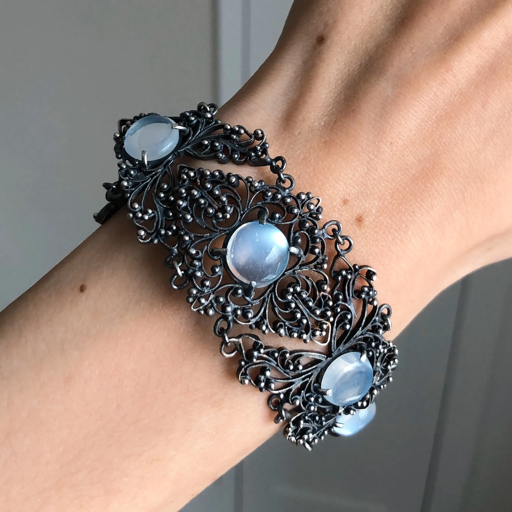 Antique Silver Filigree Moonstone Panel Bracelet