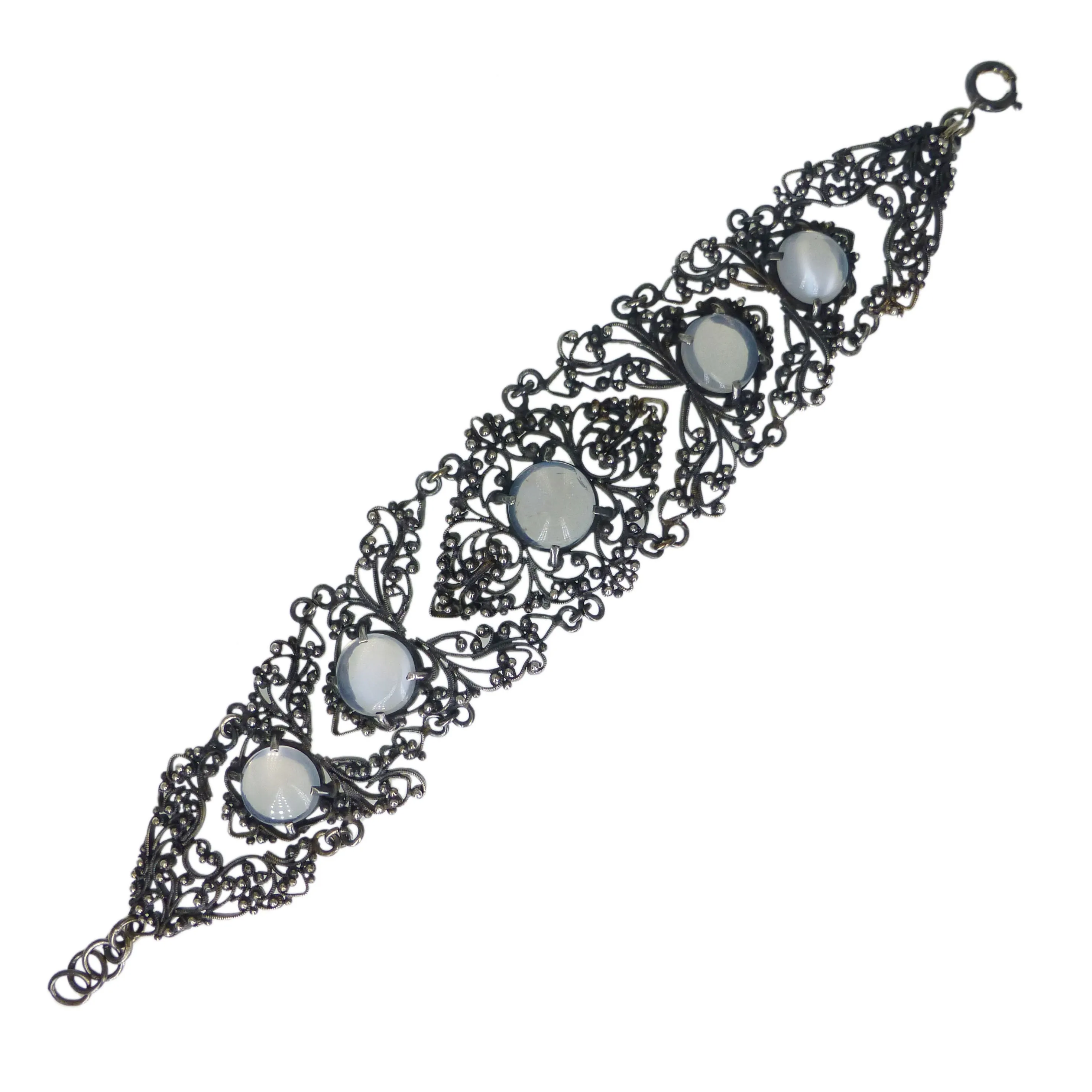 Antique Silver Filigree Moonstone Panel Bracelet