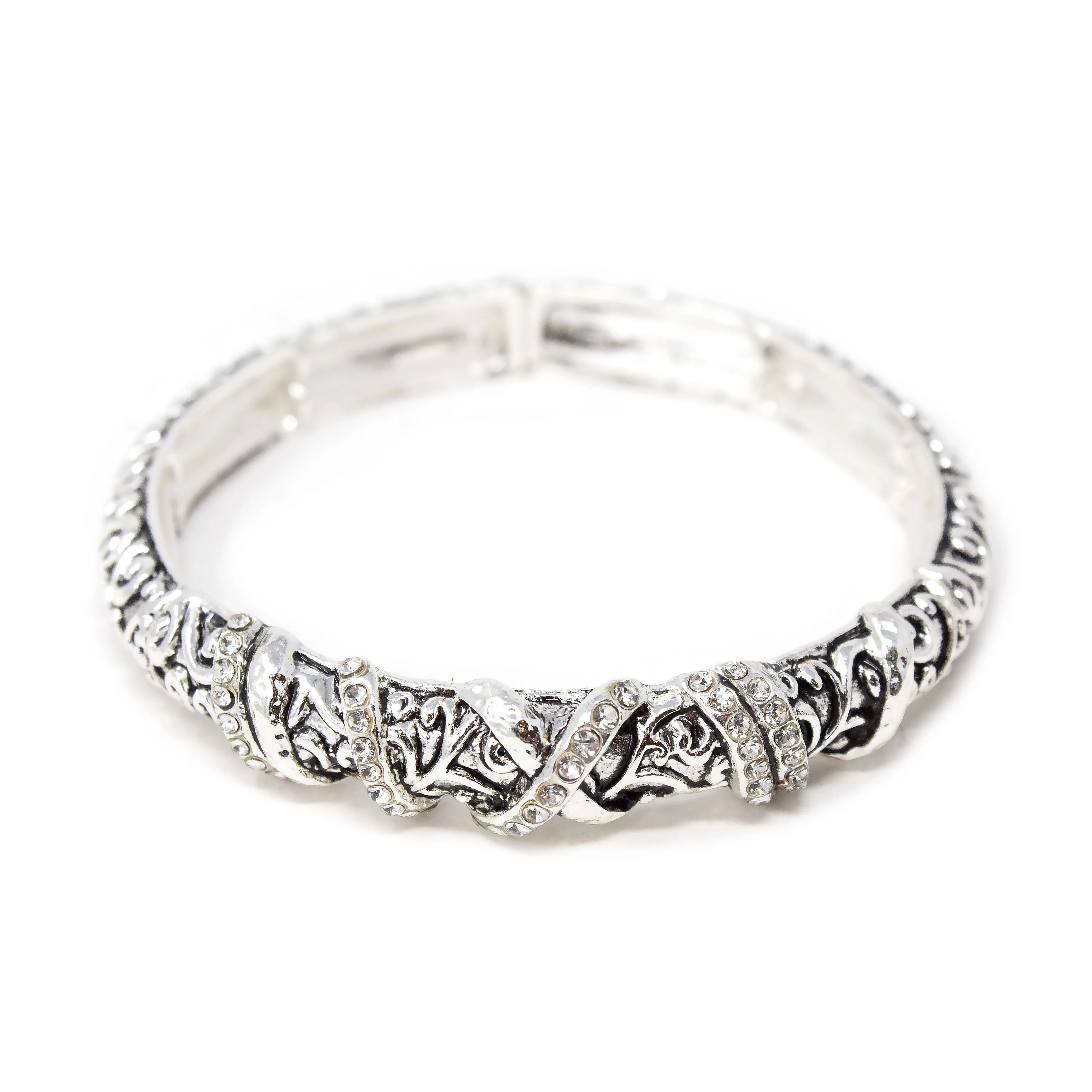 Antique Silver Filigree Stretch Bracelet Crystal Station