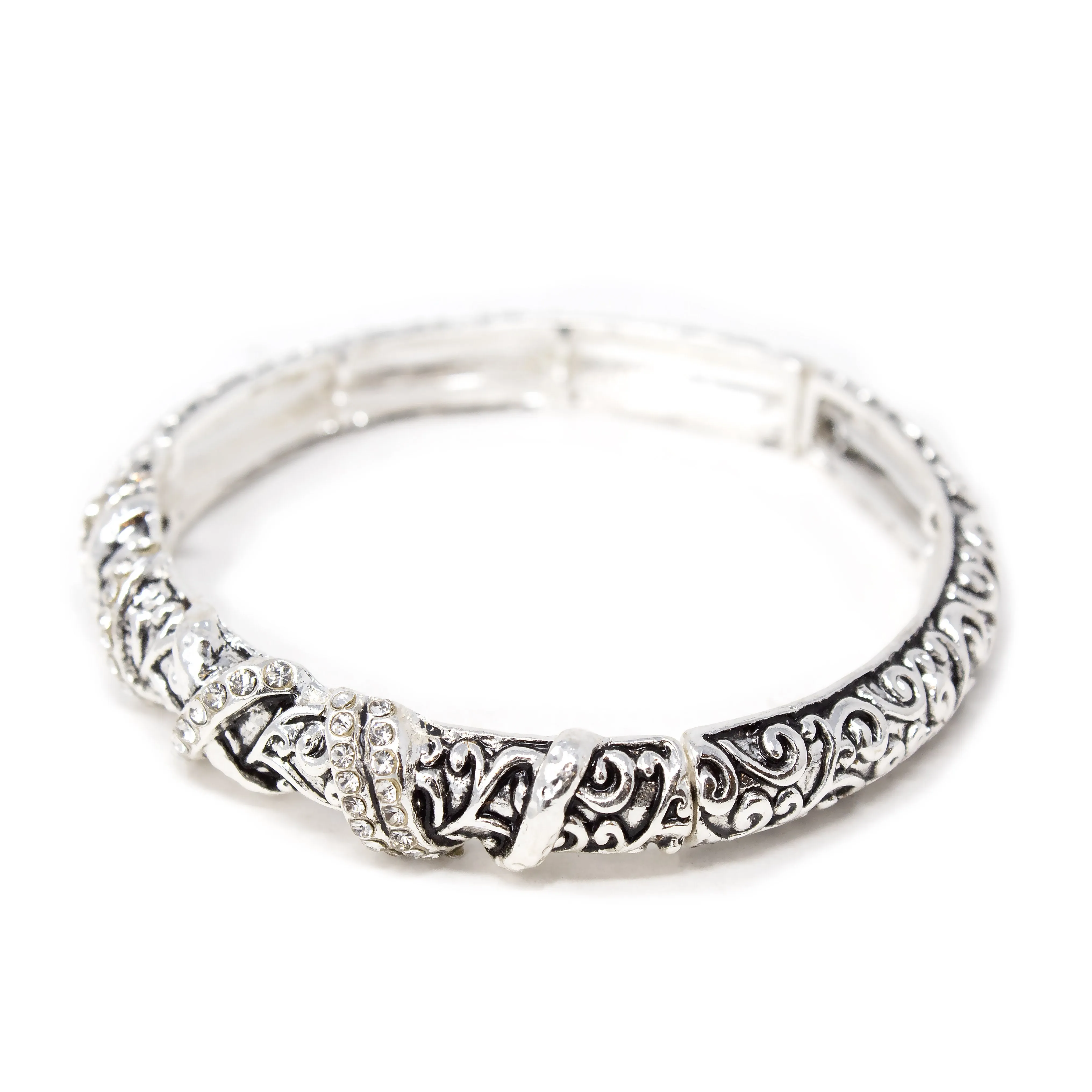 Antique Silver Filigree Stretch Bracelet Crystal Station