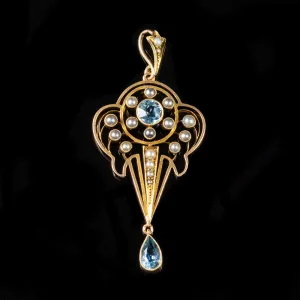 Antique Victorian Aquamarine Pearl Pendant 15Ct Gold Circa 1890