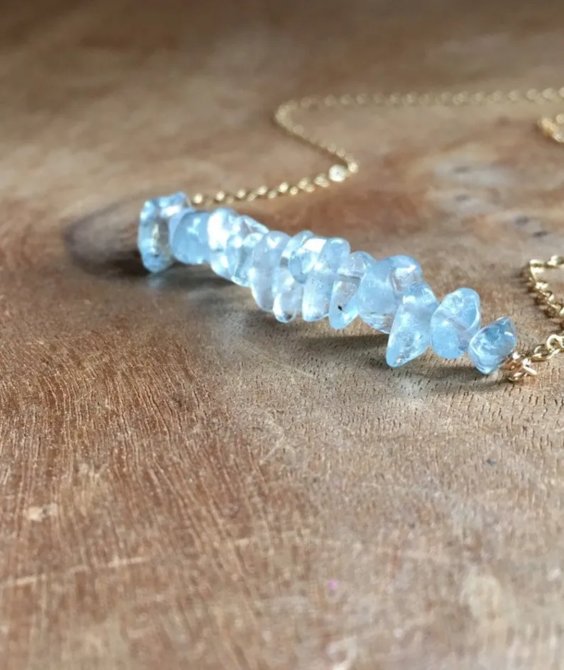 Aquamarine Crystal Bar Necklace Sterling Silver or 14K Gold Filled March Birthstone Jewelry