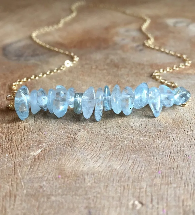 Aquamarine Crystal Bar Necklace Sterling Silver or 14K Gold Filled March Birthstone Jewelry