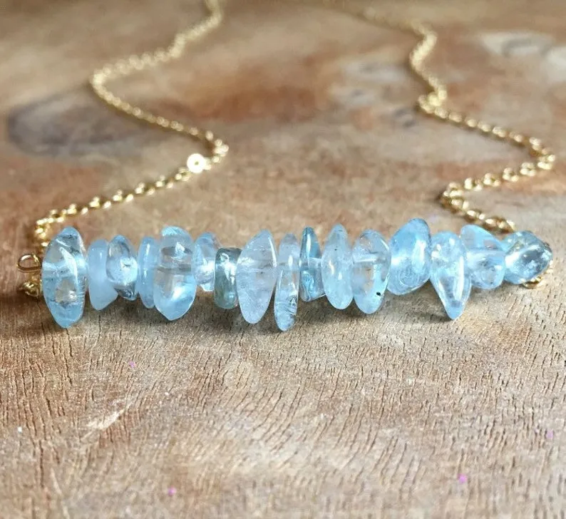 Aquamarine Crystal Bar Necklace Sterling Silver or 14K Gold Filled March Birthstone Jewelry