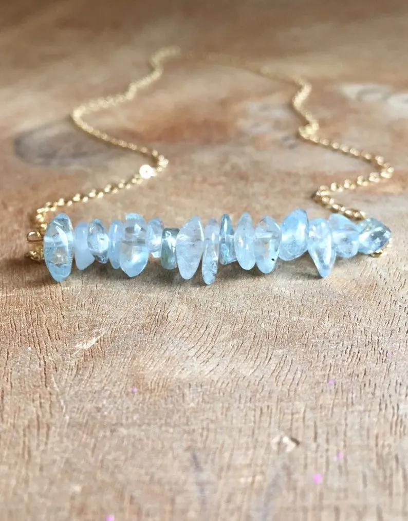 Aquamarine Crystal Bar Necklace Sterling Silver or 14K Gold Filled March Birthstone Jewelry