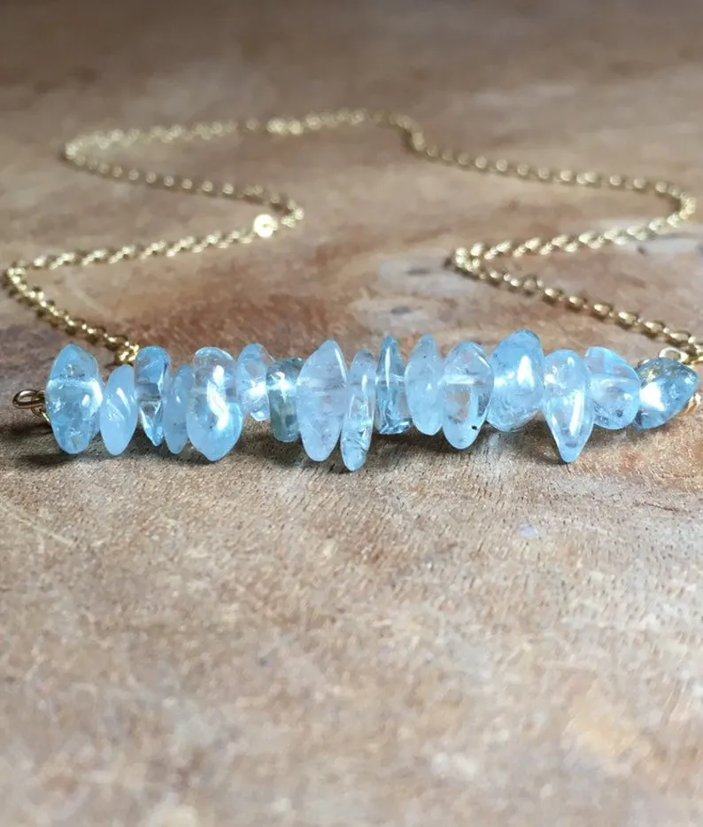 Aquamarine Crystal Bar Necklace Sterling Silver or 14K Gold Filled March Birthstone Jewelry