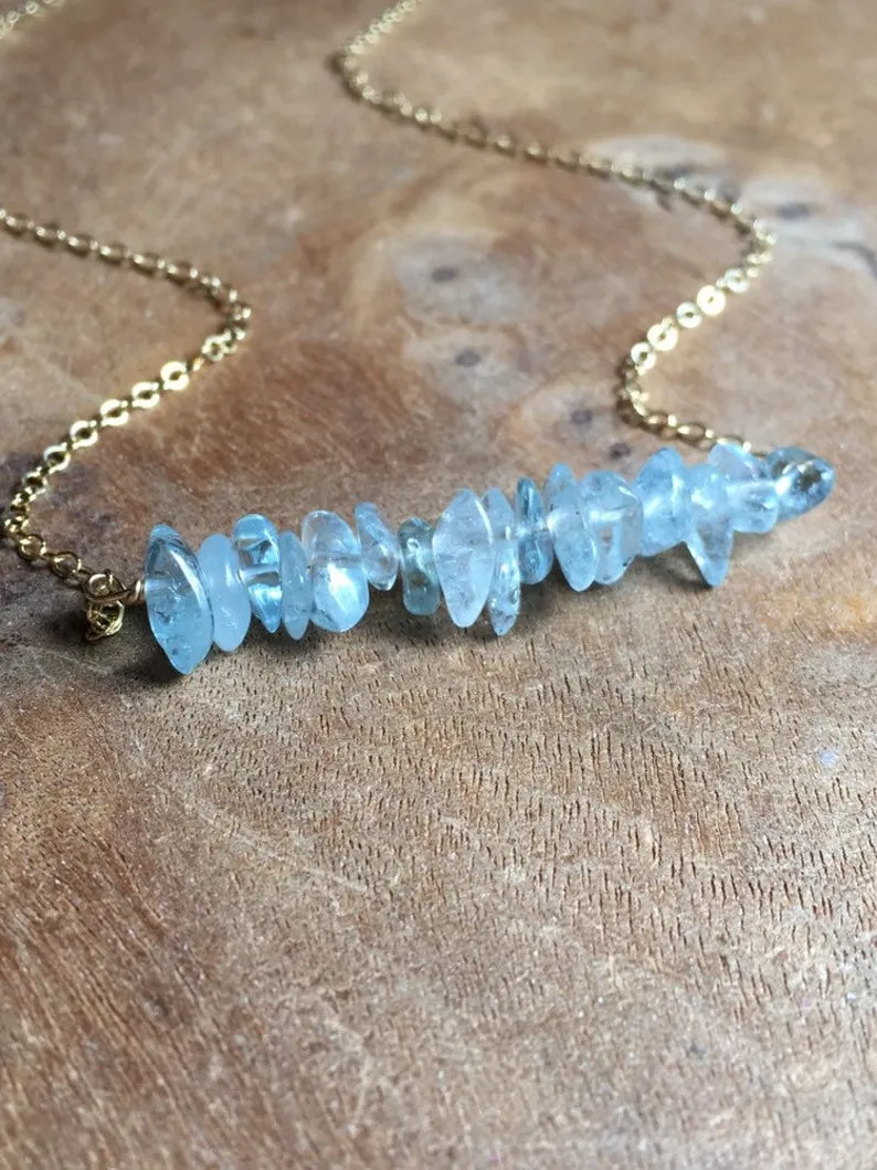Aquamarine Crystal Bar Necklace Sterling Silver or 14K Gold Filled March Birthstone Jewelry