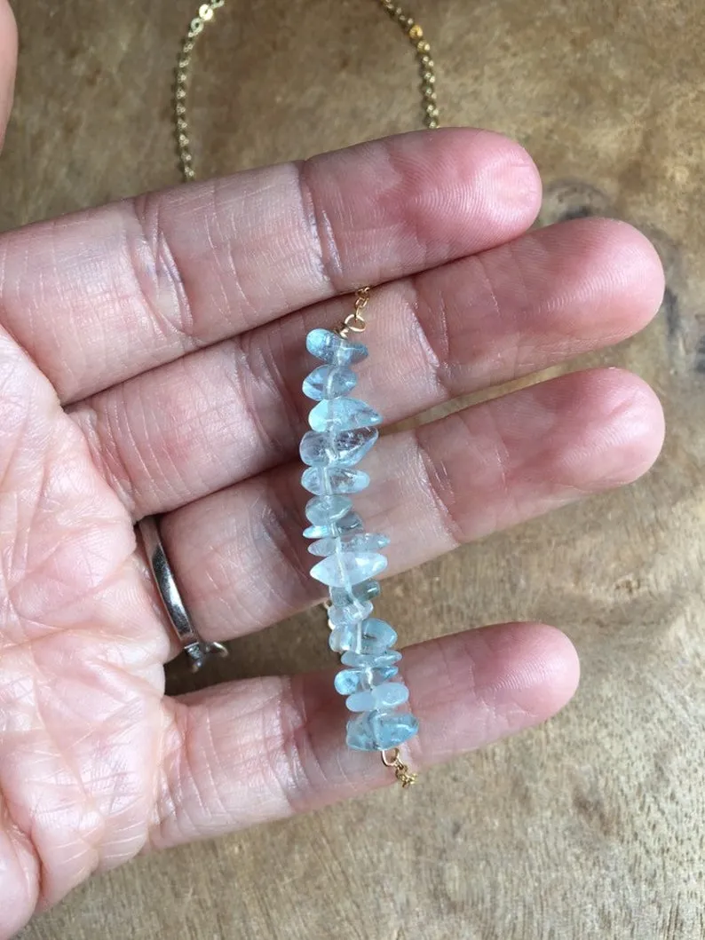 Aquamarine Crystal Bar Necklace Sterling Silver or 14K Gold Filled March Birthstone Jewelry