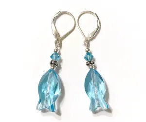 Aquamarine Crystal Fish Earrings - Leverback Earrings