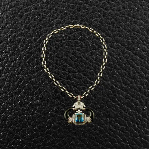 Aquamarine, Diamond, Onyx & Ruby Necklace