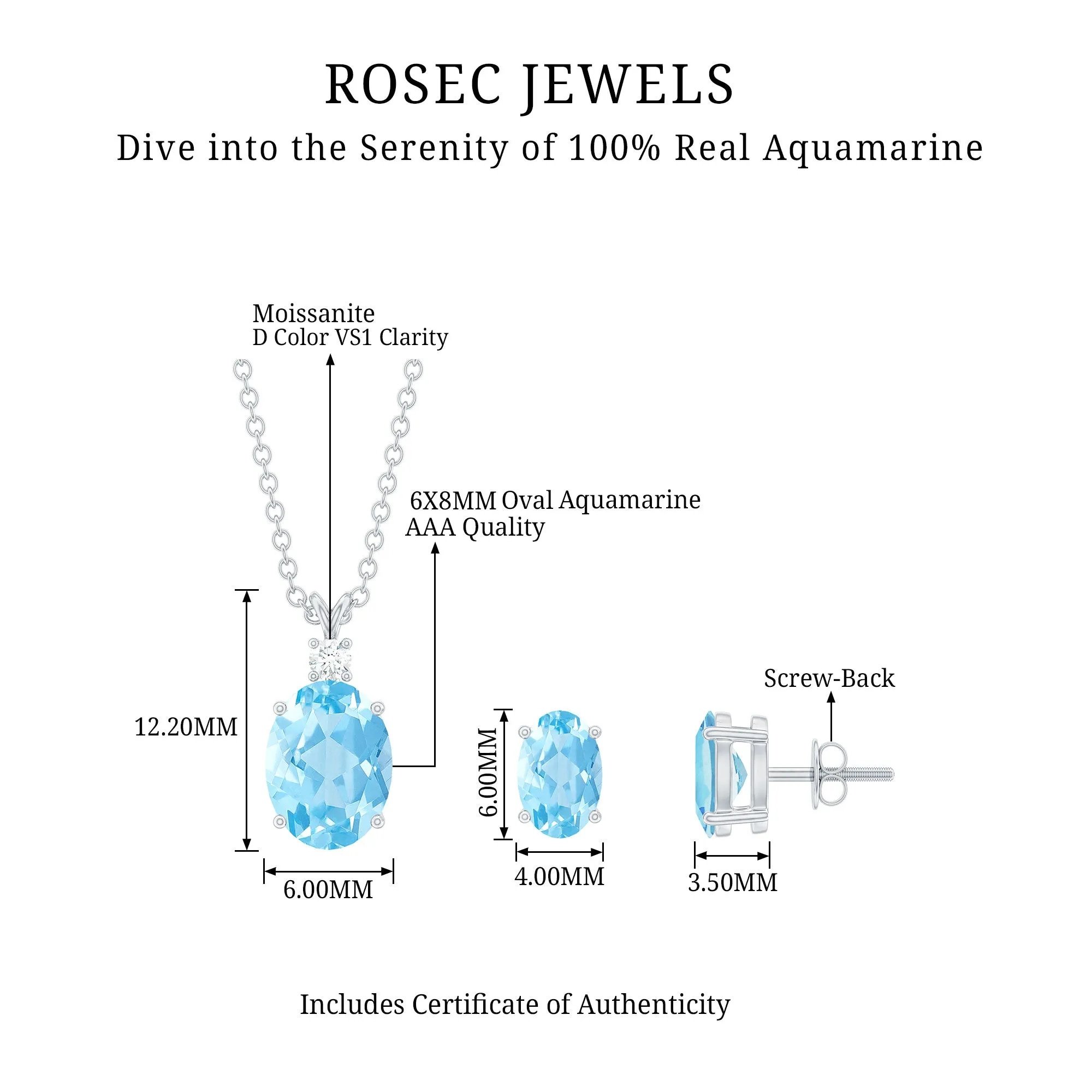 Aquamarine Solitaire Pendant Necklace and Earrings Set